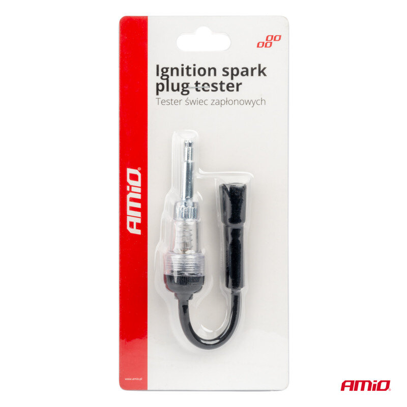 Opakowanie produktu z napisem \'Ignition spark plug tester Tester świec zapłonowych\'. Widoczny tester z metalowym i plastikowym elementem, logo AMiO na czerwonym tle.