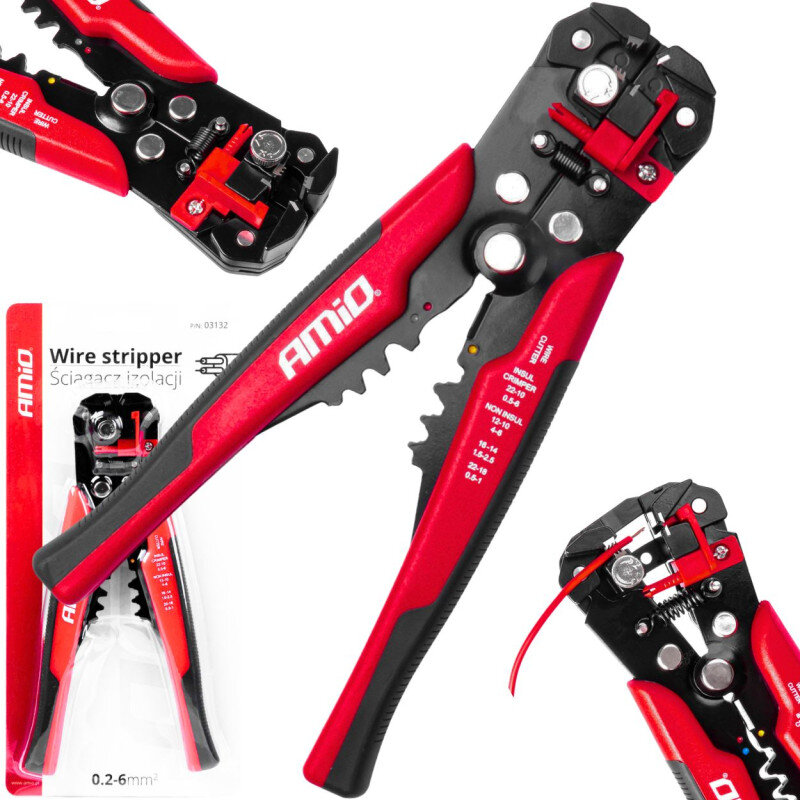Na obrazie widoczne są czerwono-czarne szczypce do ściągania izolacji z logo AMiO. Obok znajduje się opakowanie z napisem \'Wire stripper Ściągacz izolacji 0.2-6 mm²\'.
