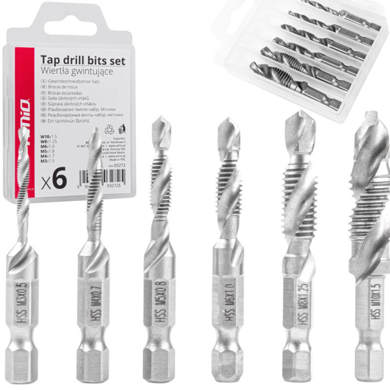 Na obrazie widoczny jest zestaw sześciu wierteł gwintujących w opakowaniu z napisem \'Tap drill bits set Wiertła gwintujące\'. Wiertła mają różne rozmiary, a na opakowaniu widnieje logo \'amio\'.