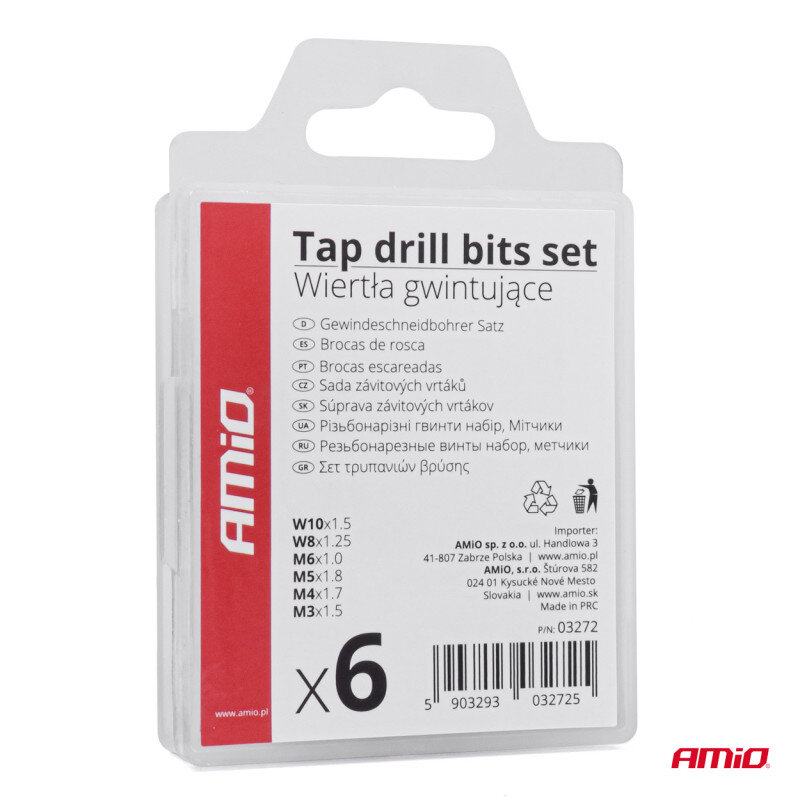Opakowanie zestawu wierteł gwintujących AMiO z napisem \'Tap drill bits set Wiertła gwintujące\' oraz specyfikacją w kilku językach. Widoczne są rozmiary wierteł i informacje o importerze oraz kod kreskowy.
