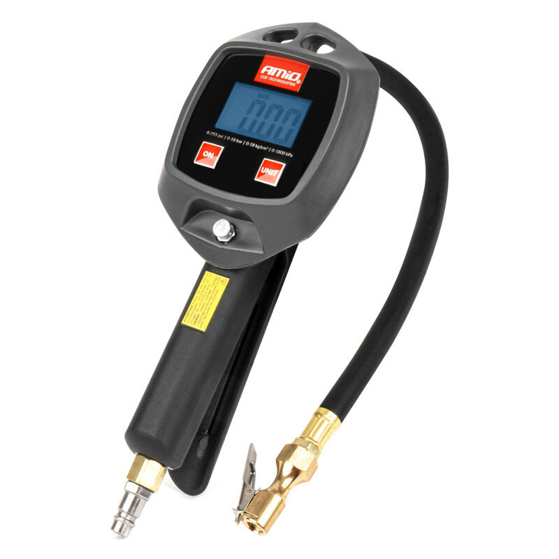 Na zdjęciu widoczny jest pistolet do pompowania kół z cyfrowym manometrem LCD, na którym wyświetla się \'0.00\'. Na urządzeniu znajduje się logo \'AMiO\' oraz przyciski \'ON\' i \'UNIT\'.