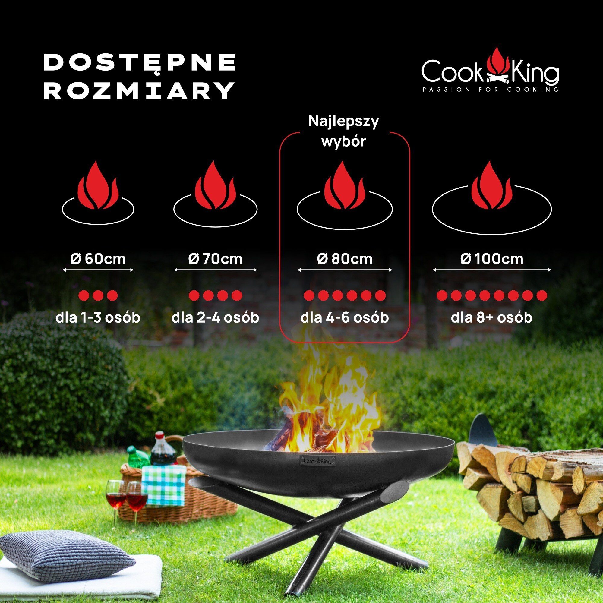 Obraz przedstawia palenisko ogrodowe z płomieniami na tle trawnika, obok stos drewna i kosz piknikowy. Na górze widnieje tekst: \'DOSTĘPNE ROZMIARY\', a po prawej logo \'Cook King Passion for Cooking\'.