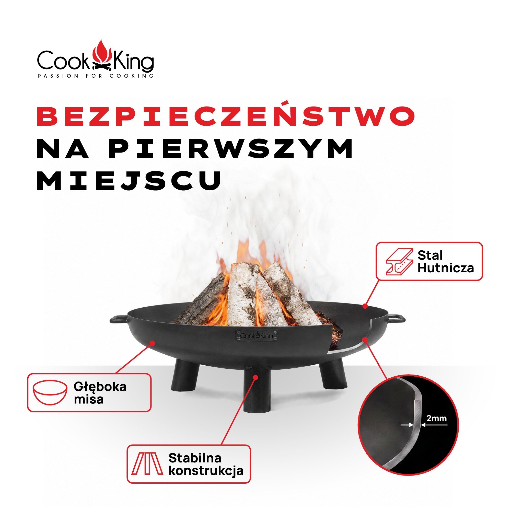 Obraz przedstawia palenisko ogrodowe z płonącymi drewnami, z napisem \'BEZPIECZEŃSTWO NA PIERWSZYM MIEJSCU\'. Widoczne są opisy: \'Głęboka misa\', \'Stabilna konstrukcja\', \'Stal Hutnicza\'.
