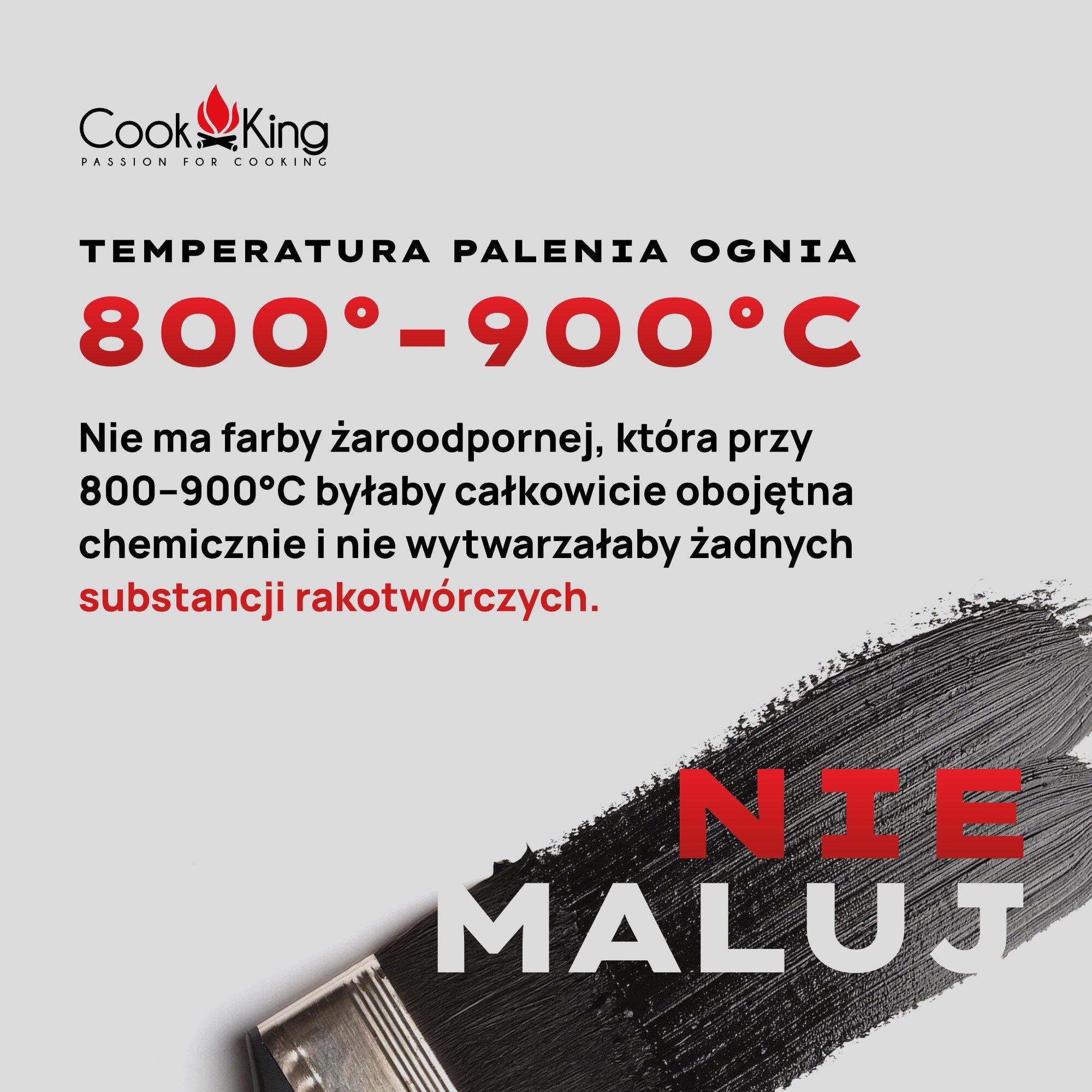 Grafika przedstawia logo Cook King oraz tekst: \'Temperatura palenia ognia 800°-900°C. Nie ma farby żaroodpornej, która przy 800-900°C byłaby całkowicie obojętna chemicznie i nie wytwarzałaby żadnych substancji rakotwórczych. NIE MALUJ\'.