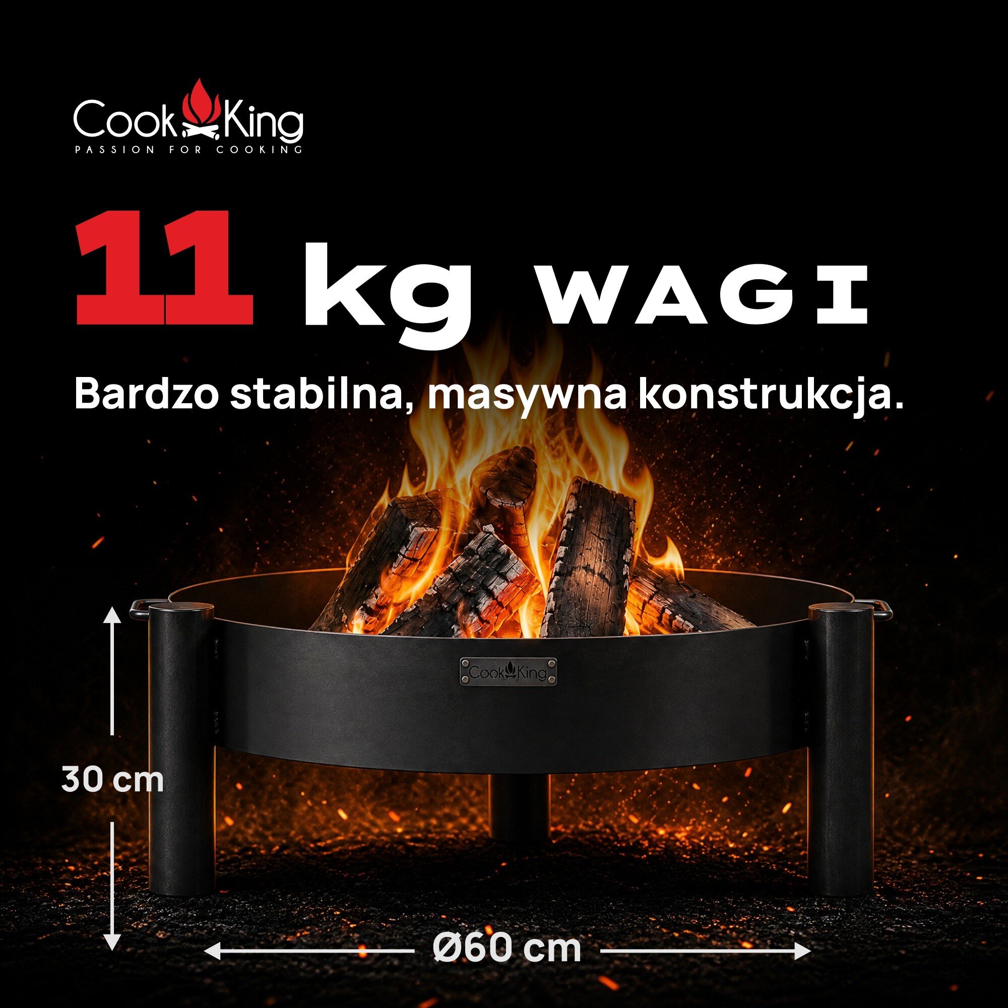 Palenisko ogrodowe z płonącym drewnem, o wysokości 30 cm i średnicy 60 cm. Tekst na obrazie: \'11 kg wagi, Bardzo stabilna, masywna konstrukcja.\'