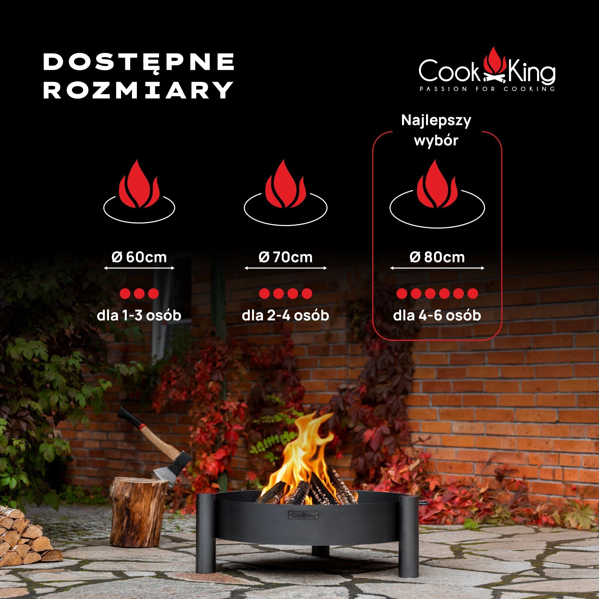 Obraz przedstawia palenisko ogrodowe z płomieniami na tle ceglanej ściany i roślinności. Na górze widnieje tekst: \'DOSTĘPNE ROZMIARY\', a obok logo \'Cook King Passion for Cooking\' oraz informacje o dostępnych rozmiarach palenisk: Ø60cm dla 1-3 osób, Ø70cm dla 2-4 osób, Ø80cm dla 4-6 osób, z zaznaczeniem, że Ø80cm to \'Najlepszy wybór\'.
