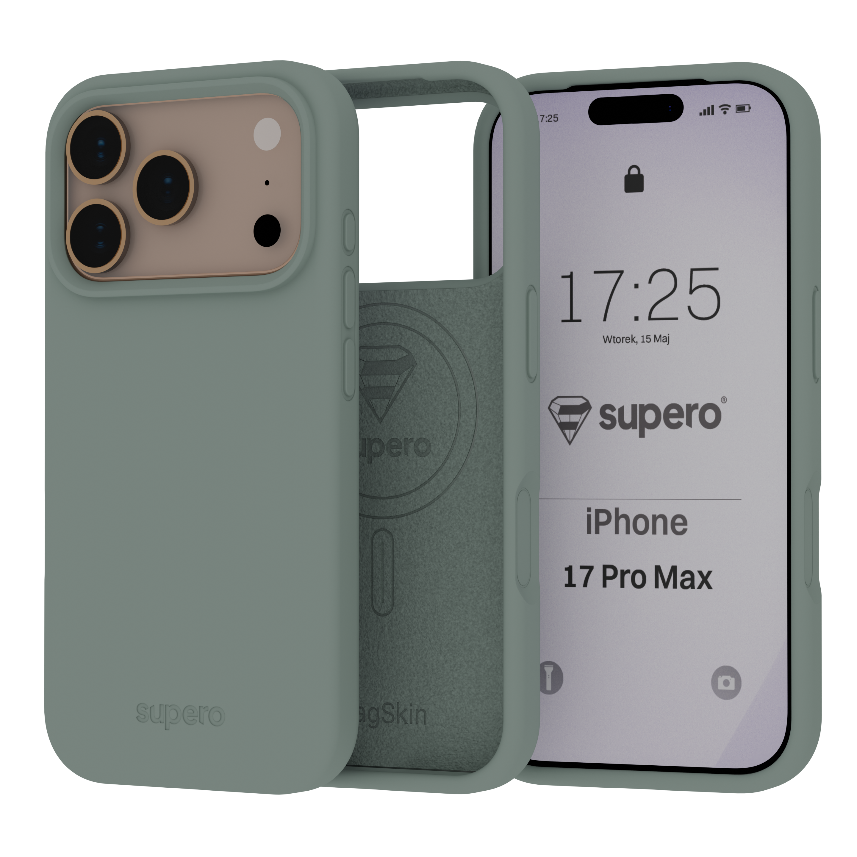 Obraz przedstawia silikonowe etui w kolorze zielonym, przeznaczone do iPhone 17 Pro Max, z widocznym logo \'supero\'. Na ekranie telefonu widoczny jest tekst: \'17:25, Wtorek, 15 Maj, supero, iPhone 17 Pro Max\'.