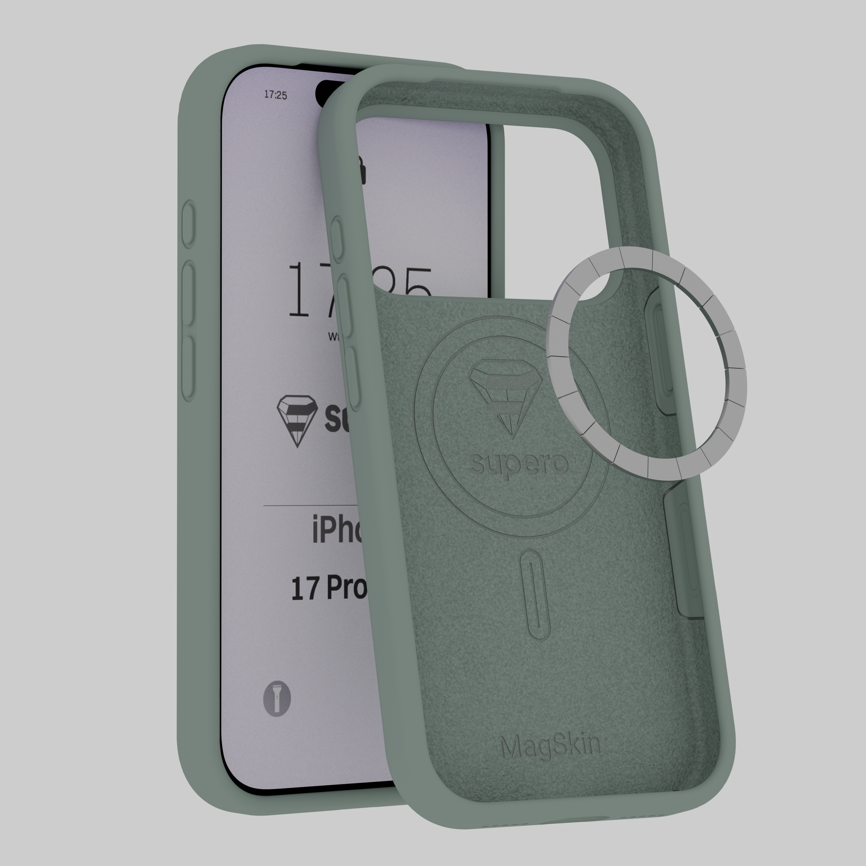Silikonowe etui w kolorze szarym z logo \'supero\' i napisem \'MagSkin\', przeznaczone do iPhone 17 Pro Max. Obok etui widoczny jest ekran telefonu z godziną 17:25 i tekstem \'supero iPhone 17 Pro Max\'.