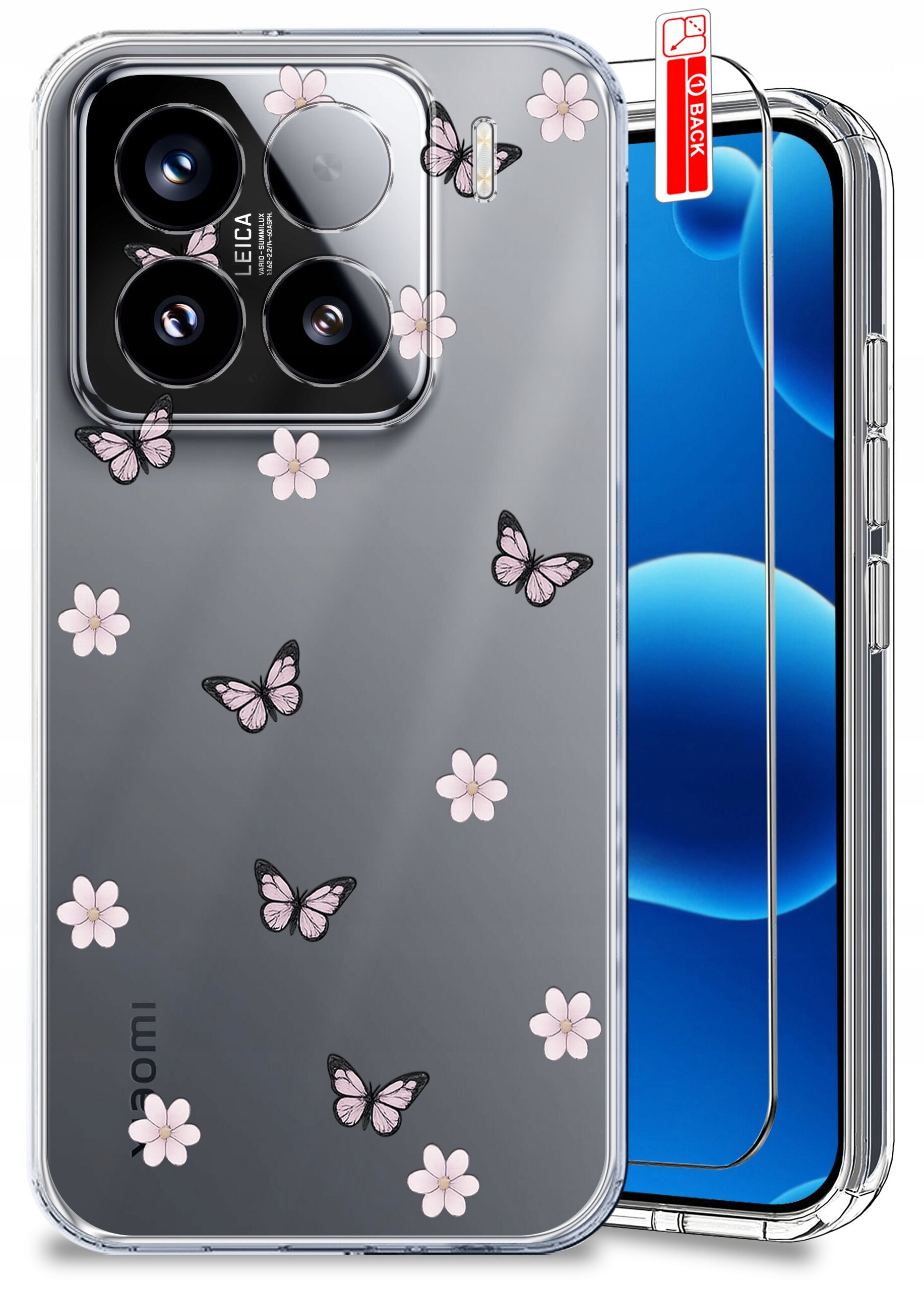 Przezroczyste etui na telefon z motywem różowych kwiatów i motyli, obok znajduje się szkło ochronne. Na etui widoczny jest napis \'Xiaomi\' oraz logo \'LEICA\'.