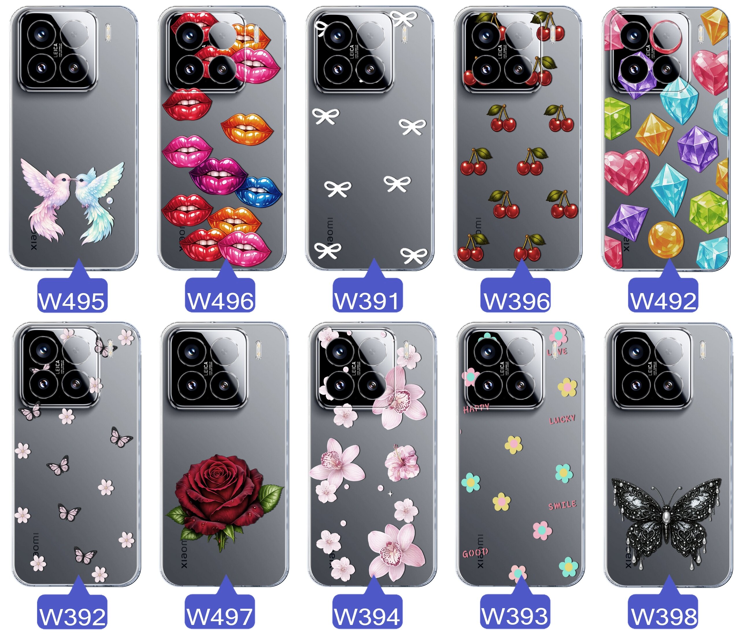 Obraz przedstawia dziewięć etui na telefon z różnymi wzorami, takimi jak gołębie, usta, kokardki, wiśnie, diamenty, motyle, róże, kwiaty i motyl. Każde etui ma przypisany kod, np. W495, W496, W391.