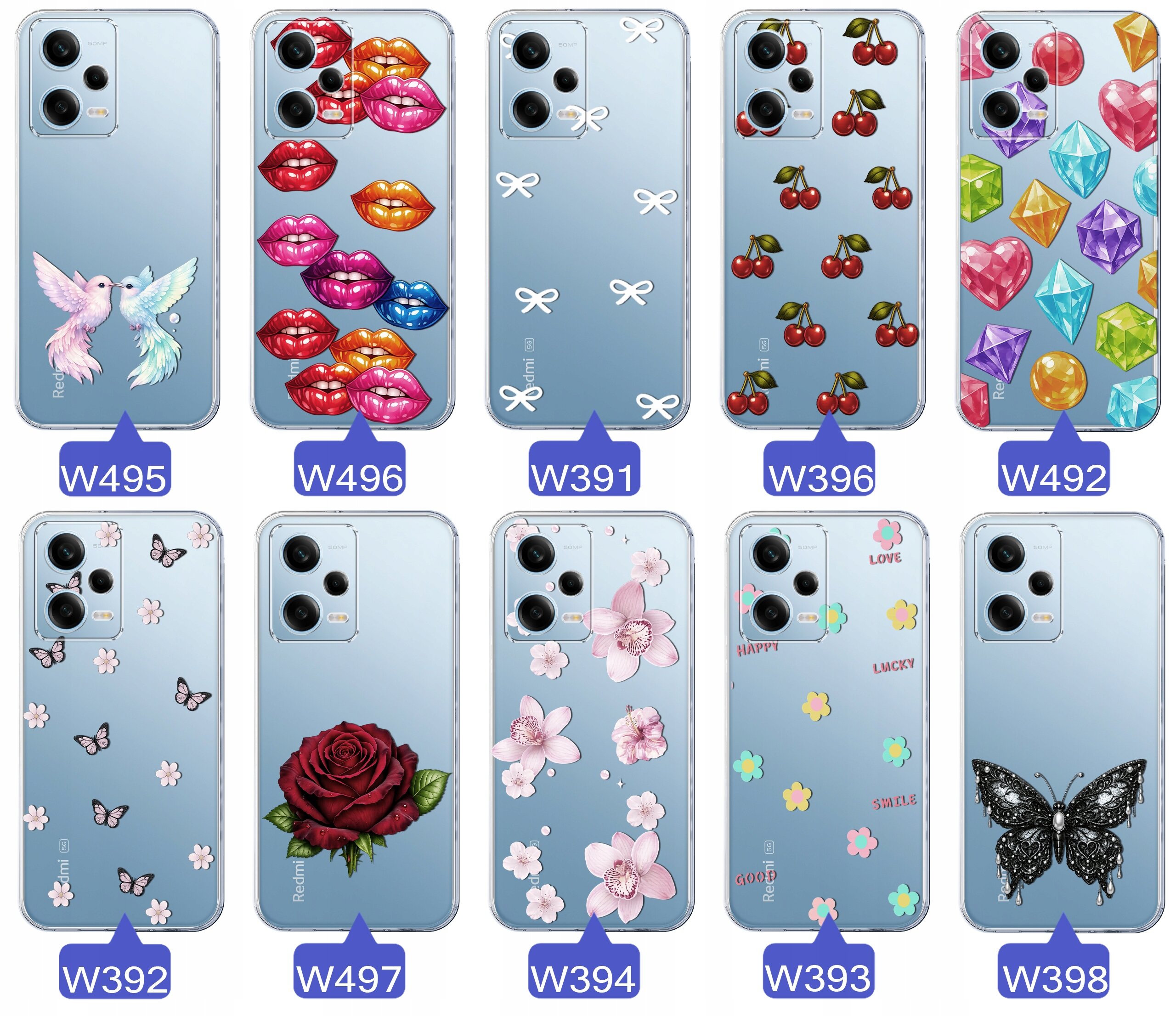 Obraz przedstawia dziesięć etui na telefon z różnymi wzorami, takimi jak gołębie, kolorowe usta, kokardki, wiśnie, diamenty, motyle, róże, kwiaty i czarny motyl. Każde etui ma przypisany numer: W495, W496, W391, W396, W492, W392, W497, W394, W393, W398.