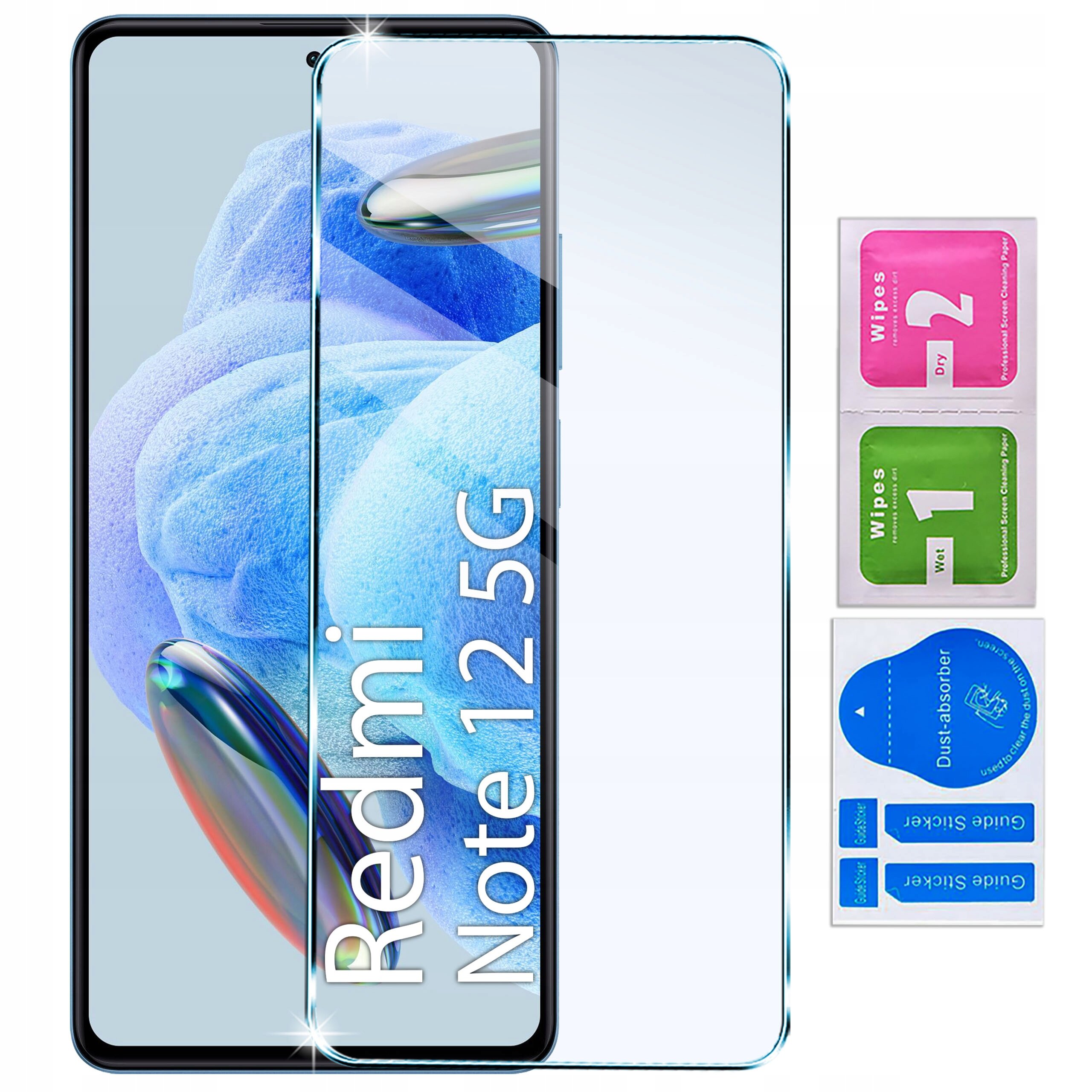 Obraz przedstawia telefon z napisem \'Redmi Note 12 5G\' oraz przezroczystą osłonę ekranu. Obok znajdują się trzy saszetki z napisami: \'Wipes 1 Wet\', \'Wipes 2 Dry\' i \'Dust absorber\'.
