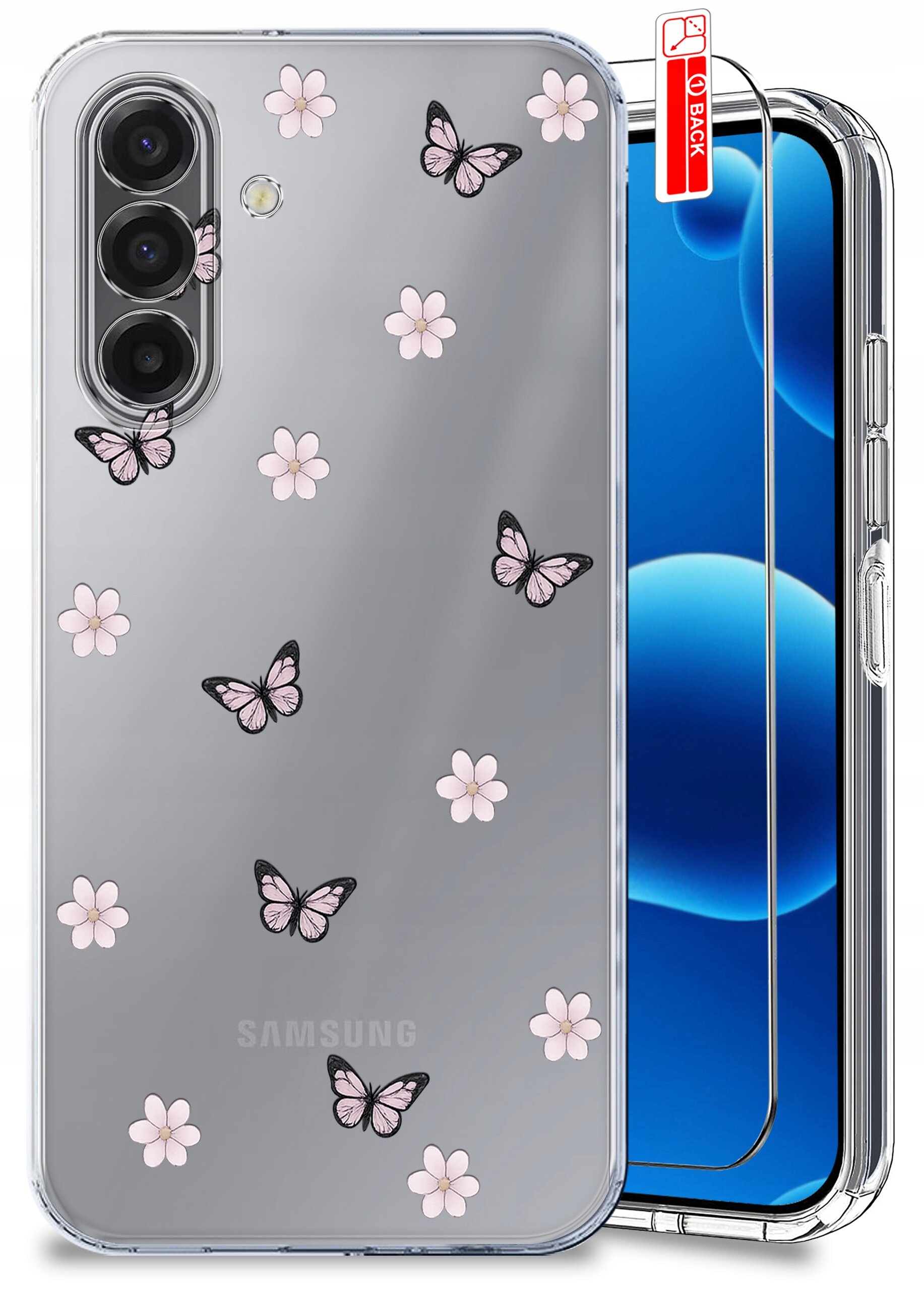 Przezroczyste etui na telefon z motywem różowych kwiatów i motyli, obok znajduje się szkło ochronne. Na etui widoczne jest logo \'Samsung\'.