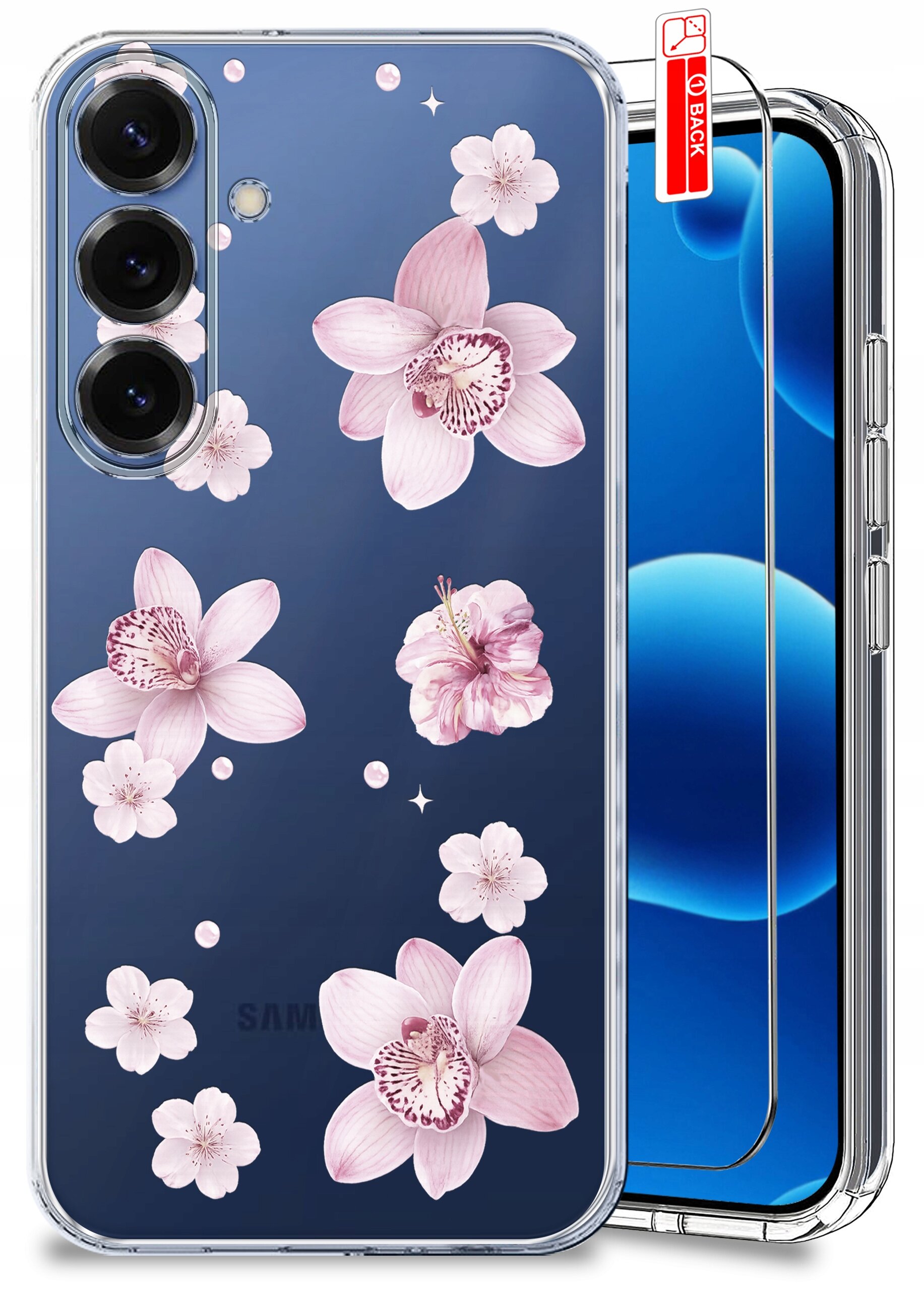 Etui na telefon z przezroczystego materiału ozdobione różowymi kwiatami, obok znajduje się szkło ochronne z etykietą \'BACK\'.