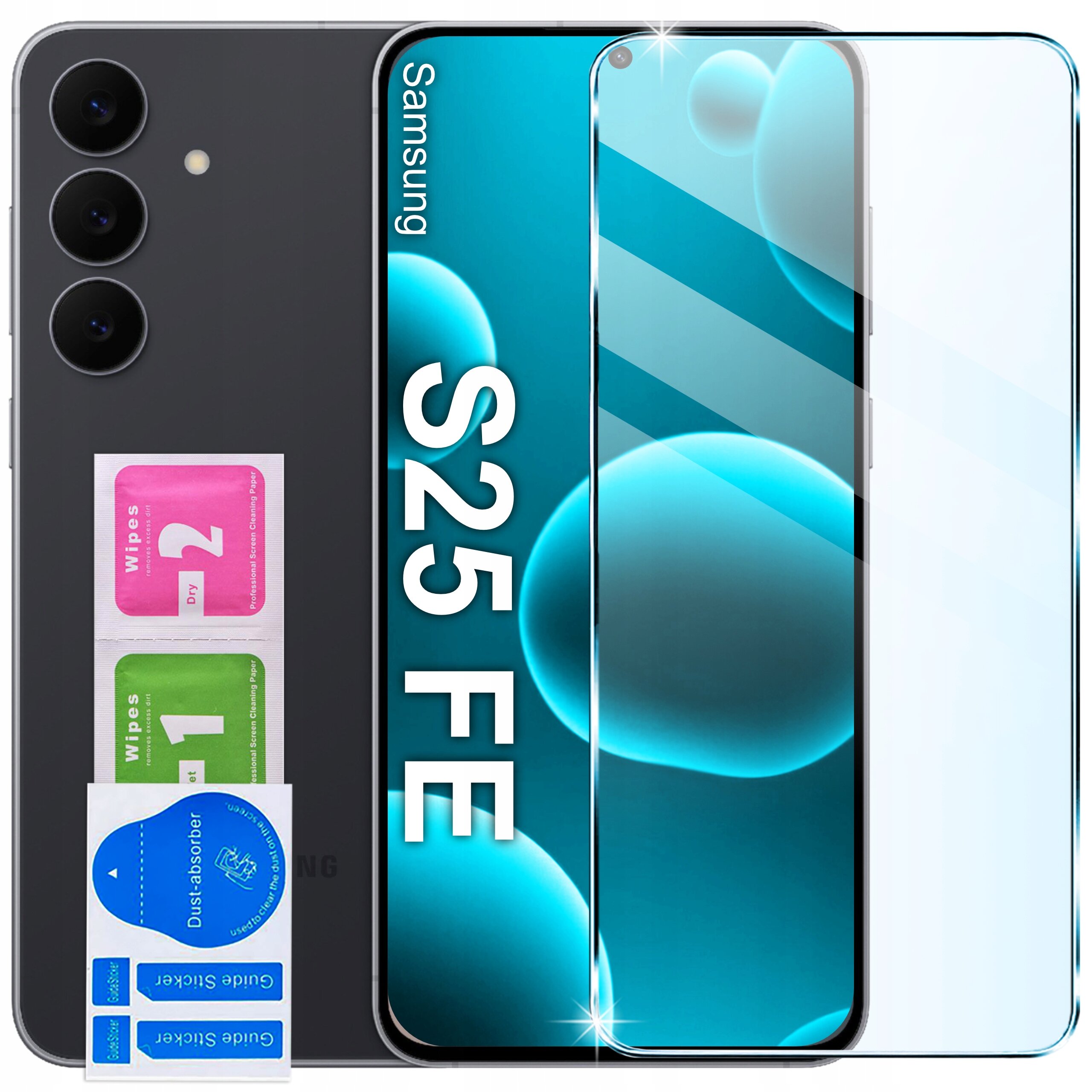 Obraz przedstawia telefon Samsung S25 FE z przezroczystym etui i szkłem ochronnym. Obok znajdują się dwie ściereczki do czyszczenia oznaczone jako \'Wipes 1\' i \'Wipes 2\' oraz naklejki \'Dust-absorber\' i \'Guide sticker\'.