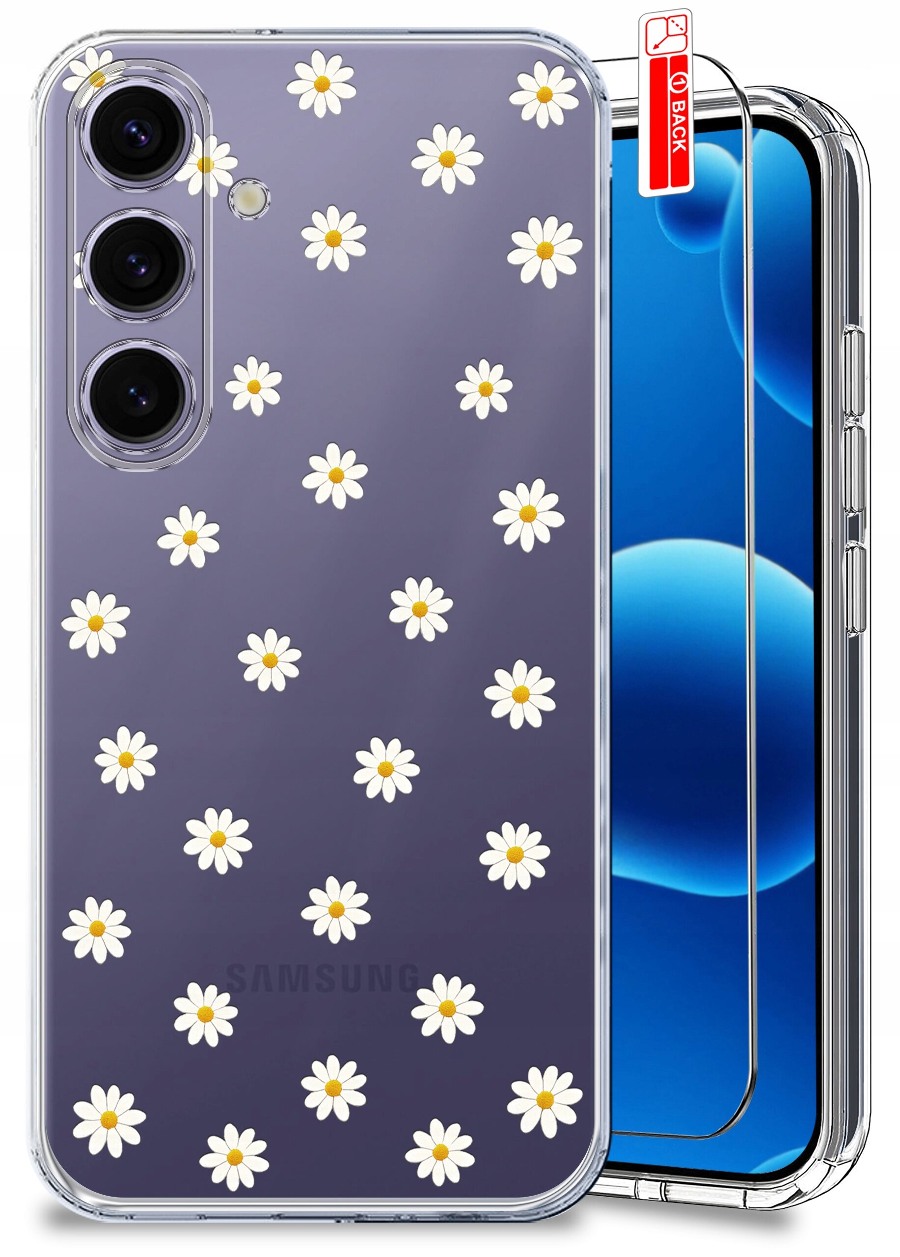 Przezroczyste etui na telefon z wzorem białych stokrotek, obok znajduje się szkło ochronne z czerwoną naklejką \'BACK\'.