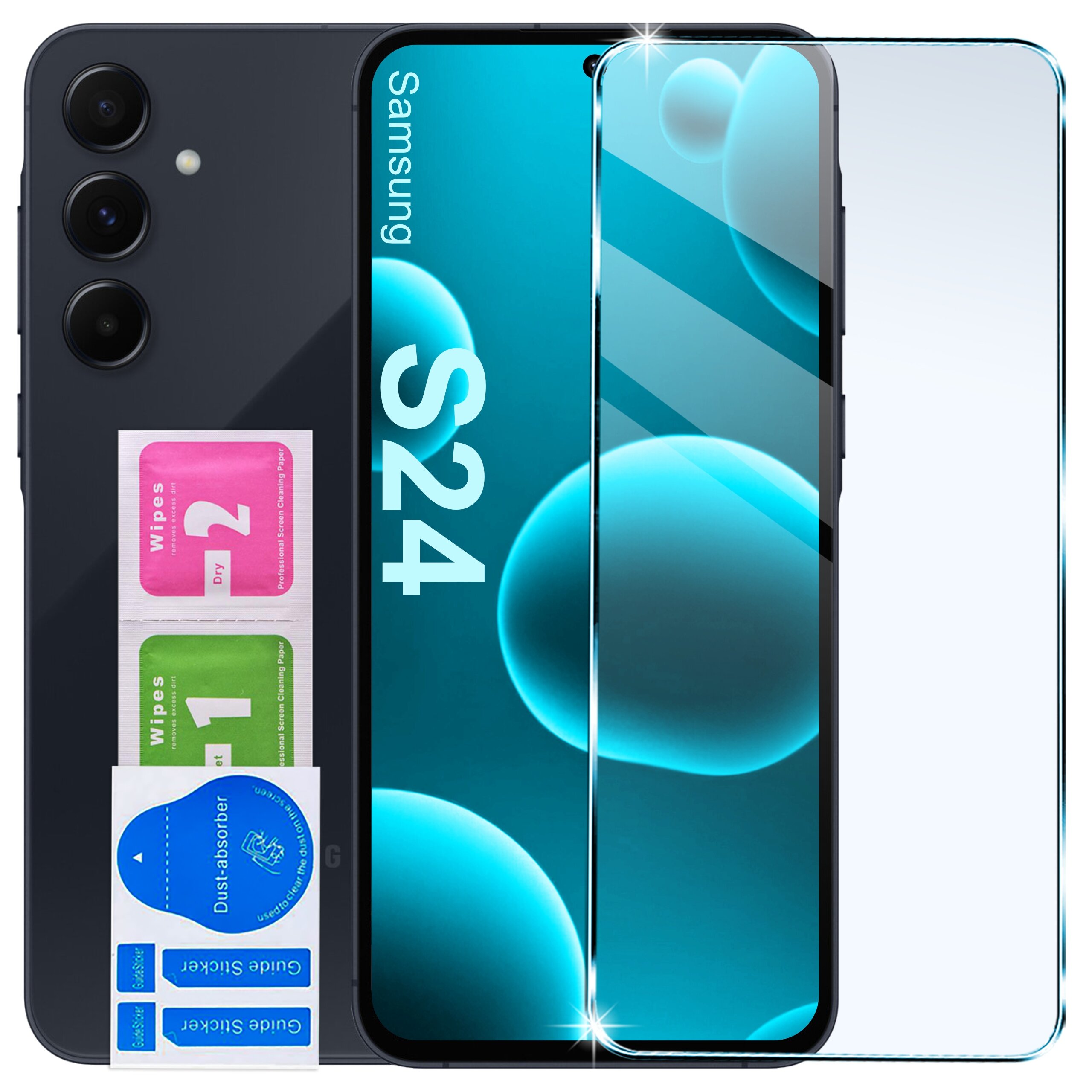Na obrazie widoczny jest telefon Samsung S24 z nałożonym szkłem ochronnym oraz zestawem ściereczek do czyszczenia oznaczonych numerami 1 i 2. Telefon ma wyświetlacz z niebieskimi bąbelkami i napisem \'Samsung S24\'.
