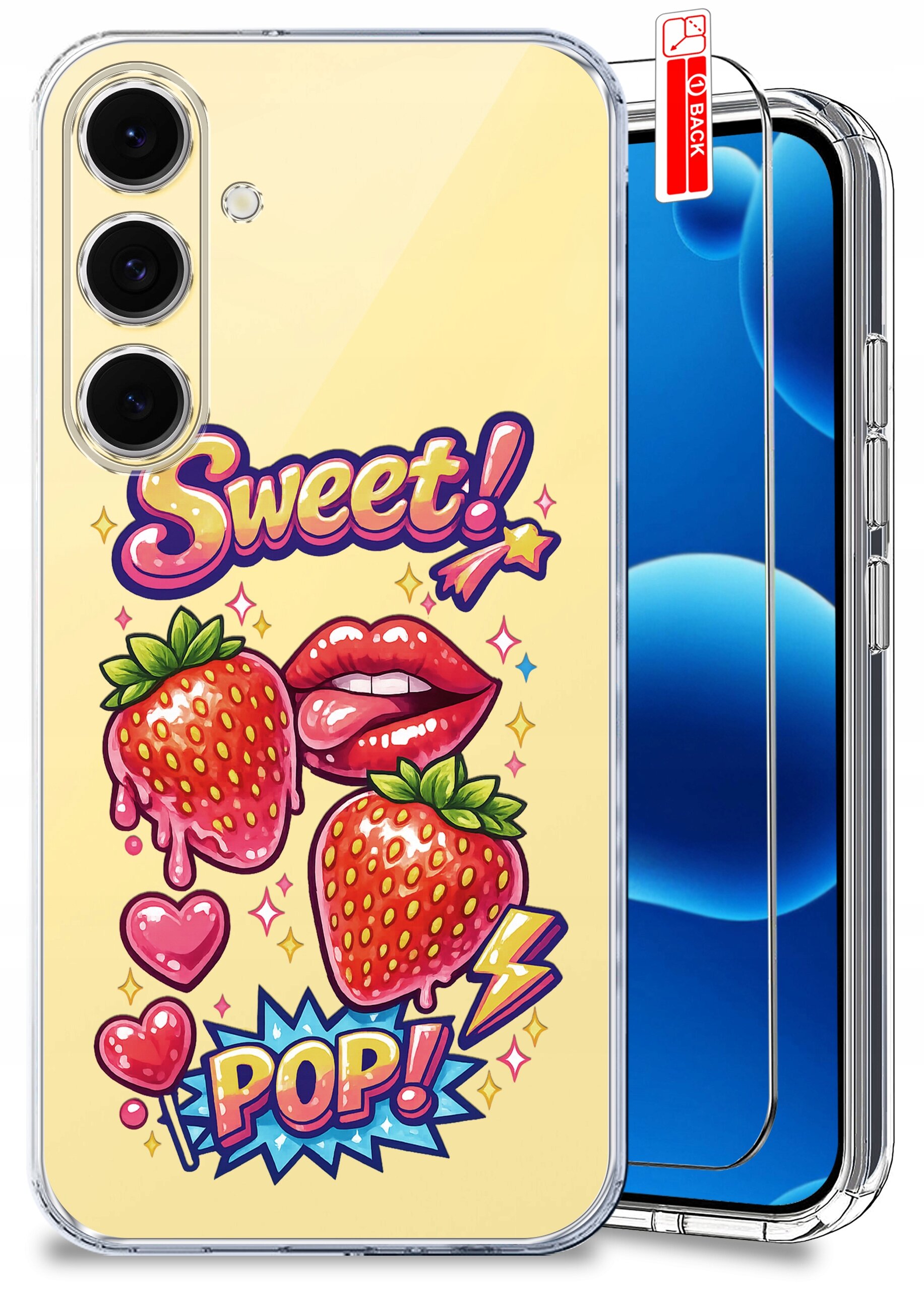 Etui na telefon z kolorowym nadrukiem przedstawiającym truskawki, usta i napisy \'Sweet!\' oraz \'POP!\'. Obok etui znajduje się szkło ochronne z oznaczeniem \'BACK\'.