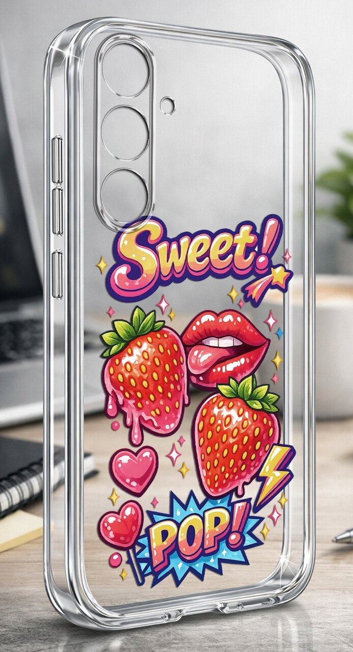 Przezroczyste etui na telefon z kolorowym nadrukiem przedstawiającym truskawki, usta oraz napisy \'Sweet!\' i \'POP!\'.