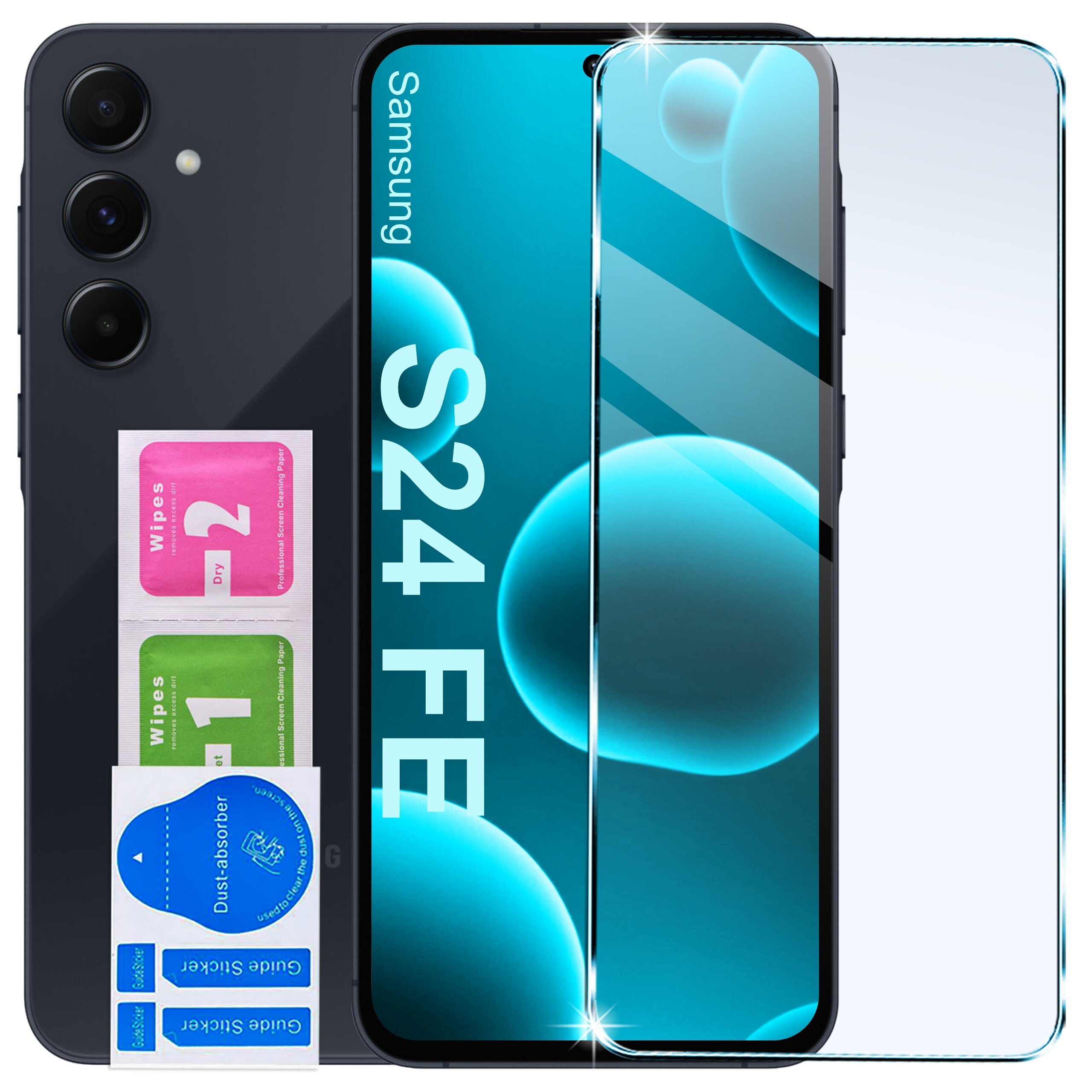 Na obrazie widoczny jest telefon Samsung S24 FE z przezroczystym etui i szkłem ochronnym. Obok znajdują się dwie ściereczki do czyszczenia oznaczone numerami 1 i 2 oraz naklejki do usuwania kurzu.