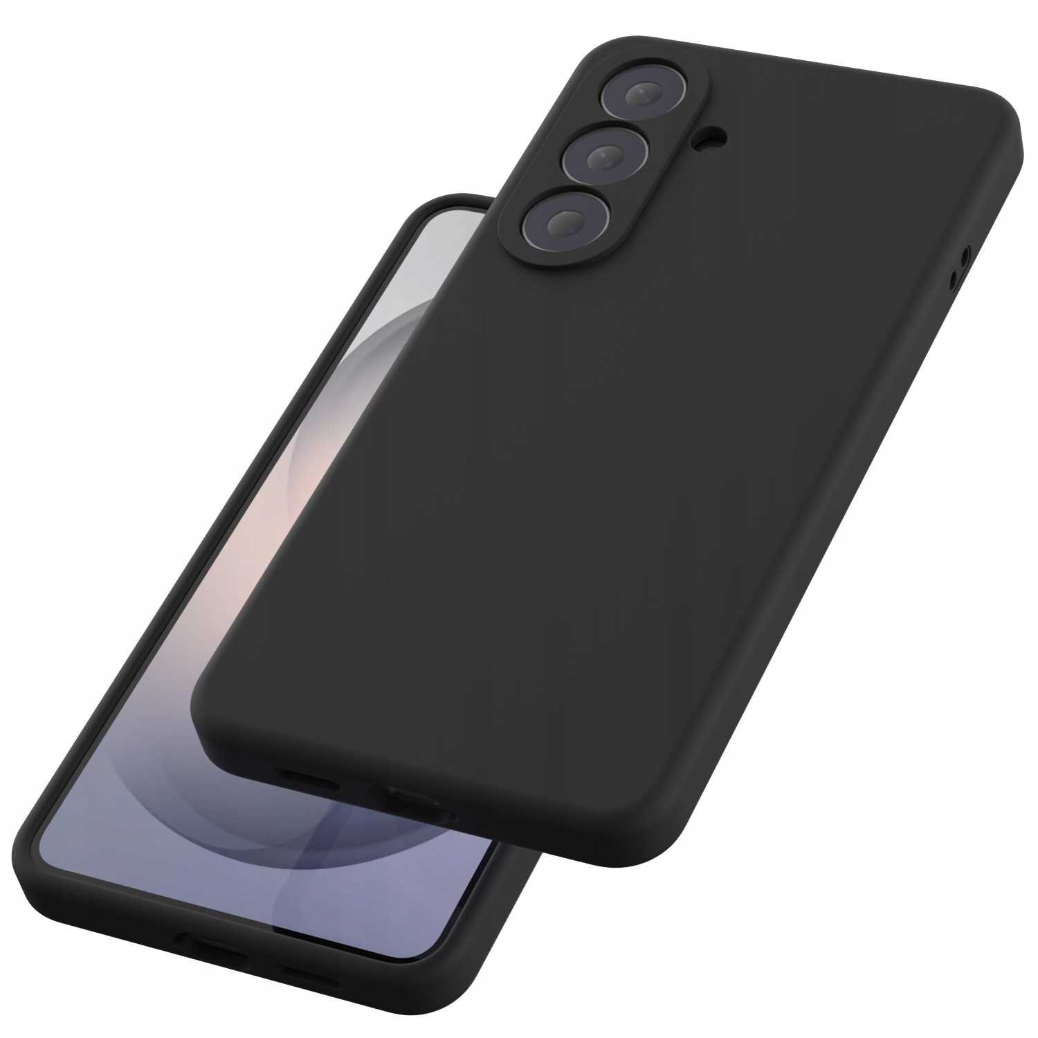 Czarne silikonowe etui na telefon z trzema otworami na aparaty fotograficzne. Etui jest pokazane z przodu i z tyłu, prezentując jego gładką powierzchnię.