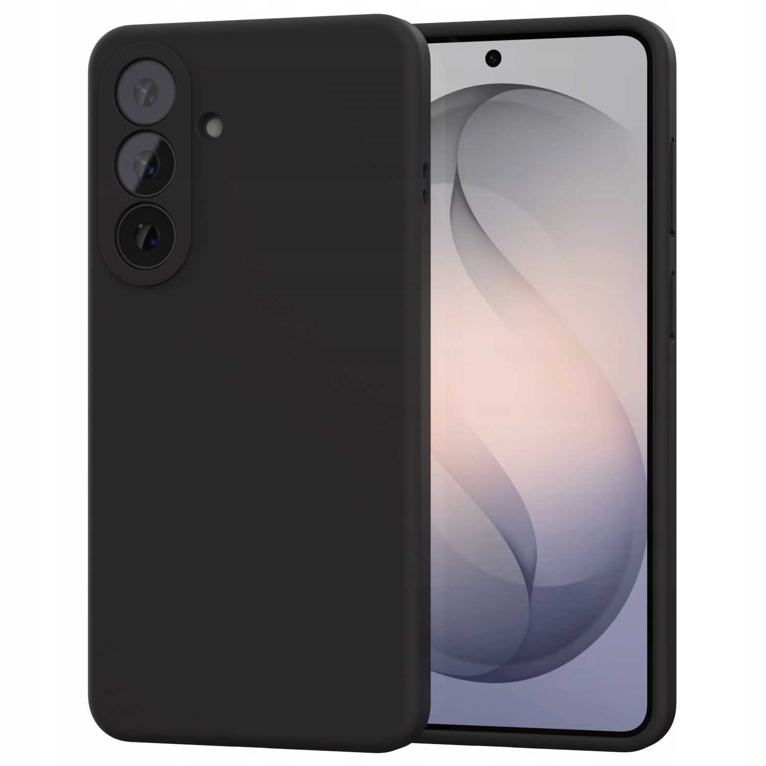 Czarne silikonowe etui na telefon z trzema otworami na aparaty i jednym na lampę błyskową. Obok widoczny jest telefon z wyświetlaczem pokazującym abstrakcyjny wzór.