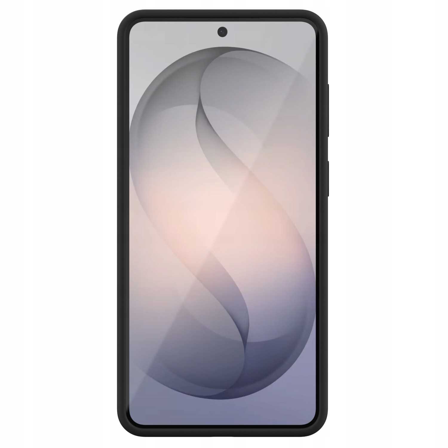 Obraz przedstawia smartfon w czarnym silikonowym etui z cienką ramką. Na ekranie widoczna jest abstrakcyjna grafika w odcieniach szarości i beżu.