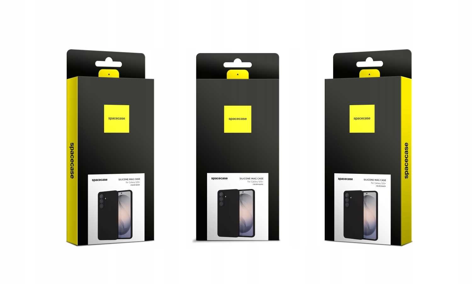 Trzy opakowania produktu SPACECASE z widocznym logo i zdjęciem etui na telefon. Opakowania są czarne z żółtymi elementami i zawierają napis \'SILICONE MAG CASE\'.
