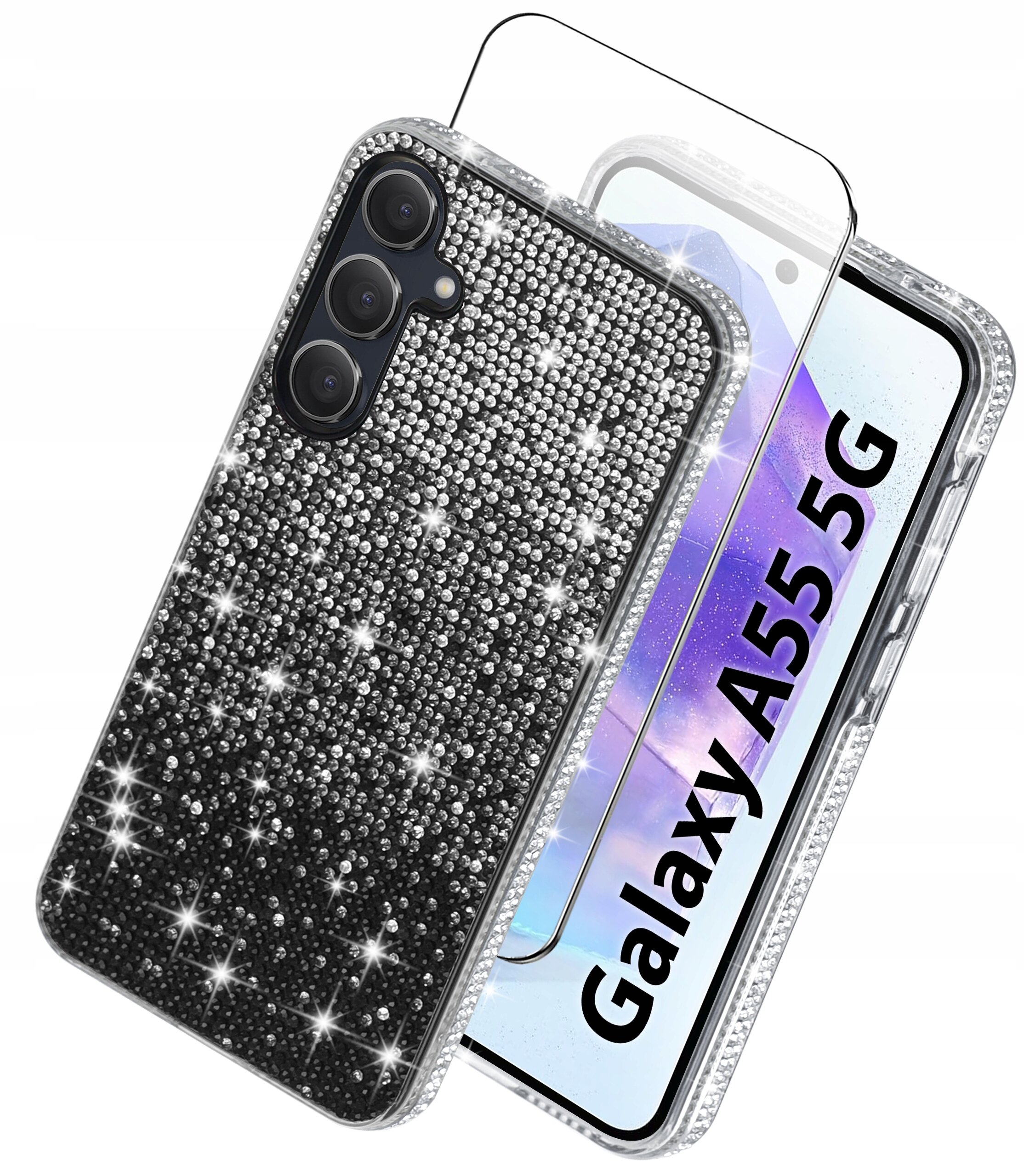 Obraz przedstawia silikonowe etui na telefon z brokatowym wzorem oraz szkło ochronne na ekran. Na ekranie telefonu widoczny jest napis \'Galaxy A55 5G\'.
