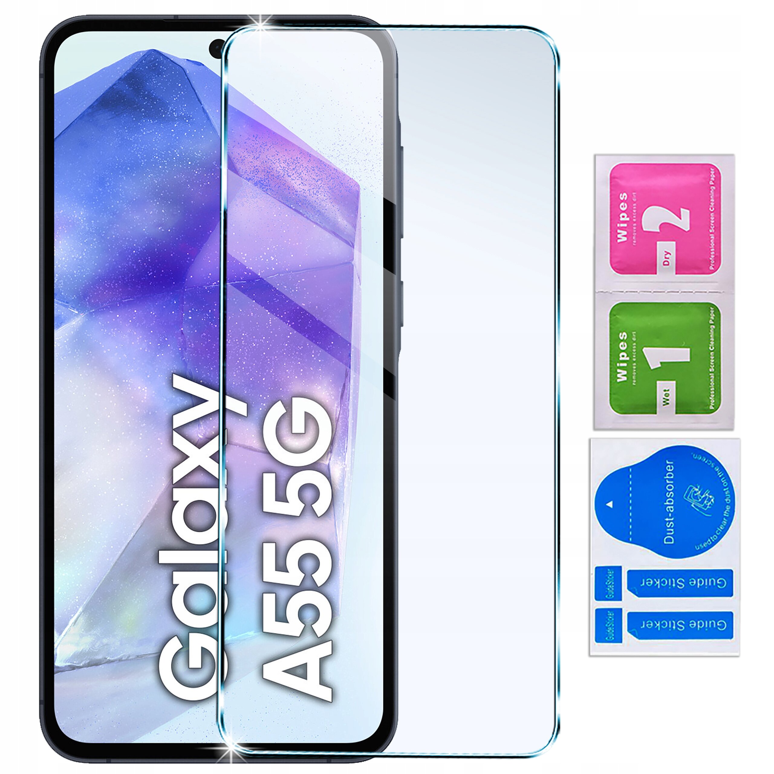 Na zdjęciu widoczne jest silikonowe matowe etui do Samsung A55 5G wraz ze szkłem ochronnym na ekran 9H. Obok znajdują się trzy saszetki z napisami: \'Wipes 1 Wet\', \'Wipes 2 Dry\' oraz \'Dust absorber\'.
