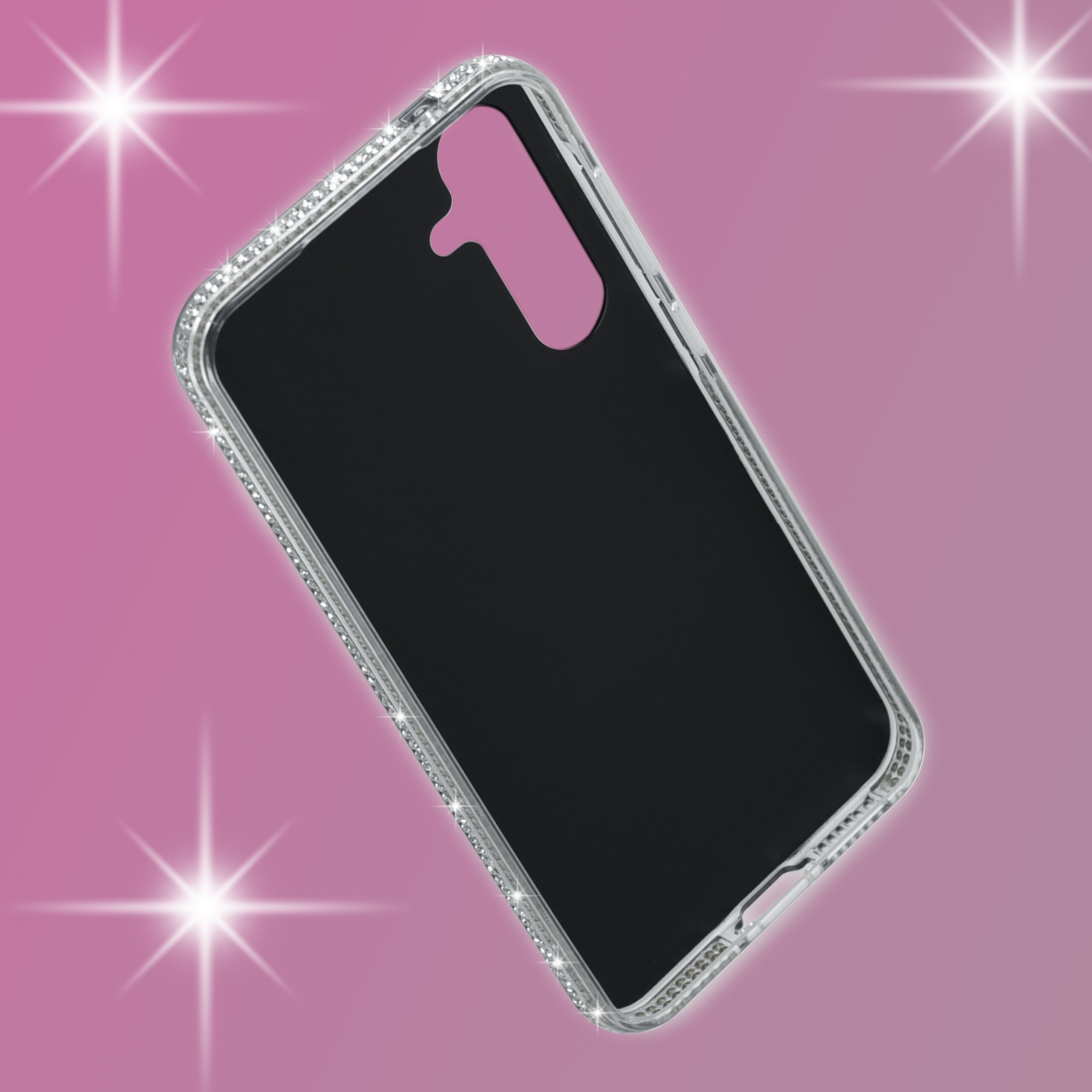 Przezroczyste etui na telefon z brokatowym wykończeniem, widoczne na różowym tle z efektem błysku. Etui ma wycięcie na aparat i przyciski.