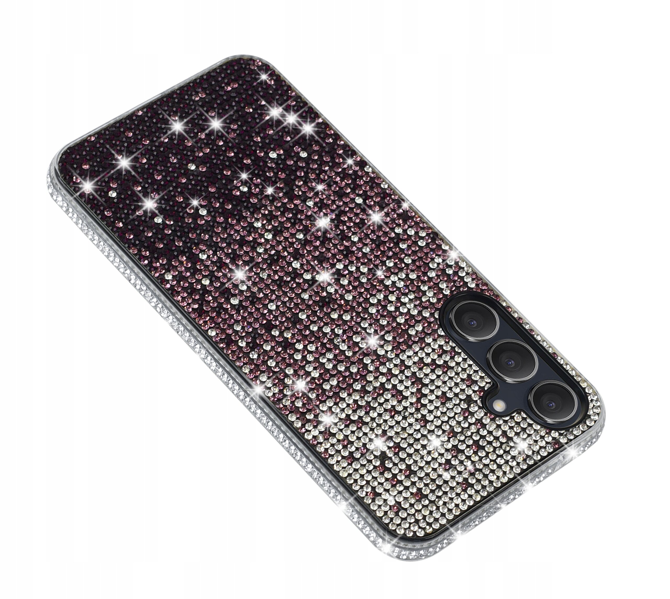 Etui na telefon pokryte błyszczącymi kryształkami w kolorze przechodzącym od ciemnego fioletu do srebrnego. Widoczne są trzy otwory na aparaty fotograficzne.