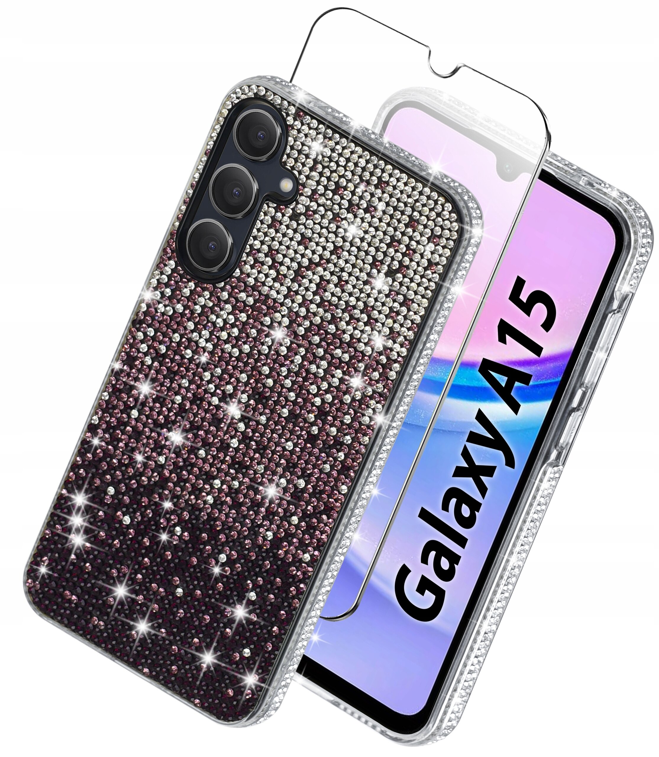 Obraz przedstawia etui na telefon pokryte błyszczącymi kryształkami oraz szkło ochronne na ekran. Na ekranie telefonu widoczny jest napis \'Galaxy A15\'.