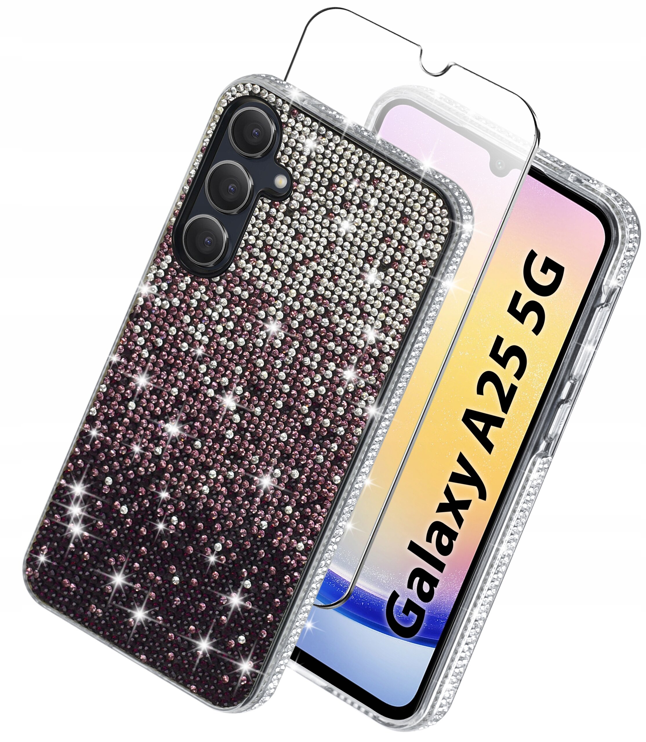 Obraz przedstawia silikonowe etui na telefon z brokatowym wzorem oraz szkło ochronne na ekran. Na ekranie telefonu widoczny jest napis \'Galaxy A25 5G\'.