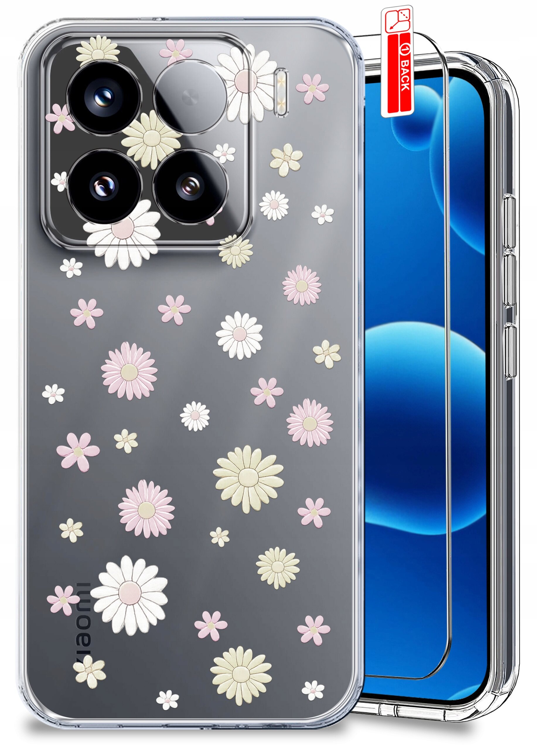 Przezroczyste etui na telefon z wzorem wiosennych kwiatów w kolorach białym i różowym. Obok etui znajduje się szkło ochronne z czerwoną naklejką z napisem \'BACK\'.