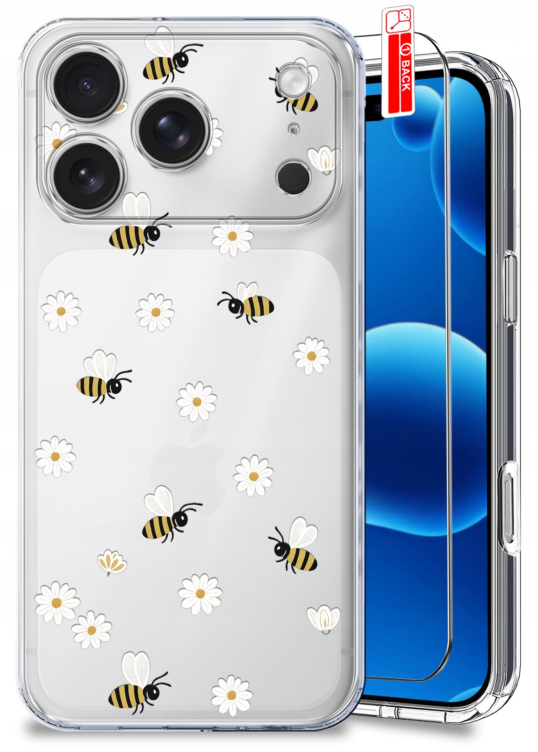 Przezroczyste etui na telefon z wzorem pszczół i kwiatów oraz szkło ochronne z napisem \'BACK\'.