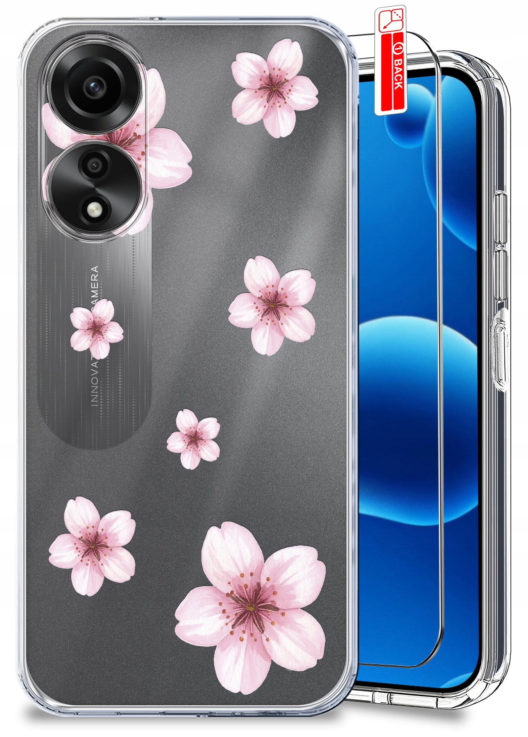 Etui na telefon z przezroczystego materiału ozdobione różowymi kwiatami, obok znajduje się szkło ochronne. Na etui widoczny jest napis \'INNOVATIVE CAMERA\'.