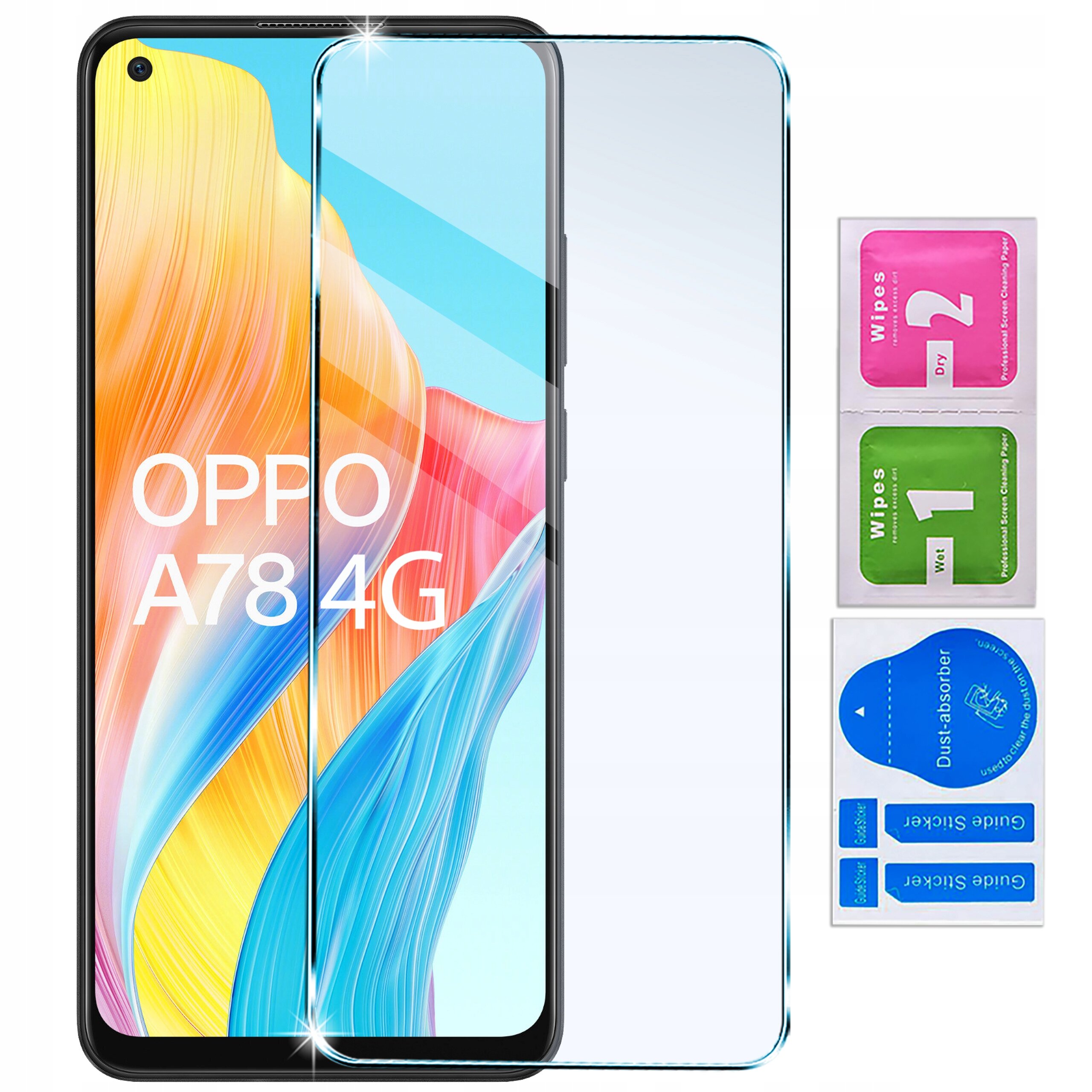 Na obrazie widoczny jest telefon z napisem \'OPPO A78 4G\' oraz przezroczyste szkło ochronne. Obok znajdują się trzy saszetki z napisami: \'Wipes 2 Dry\', \'Wipes 1 Wet\' i \'Dust absorber\'.