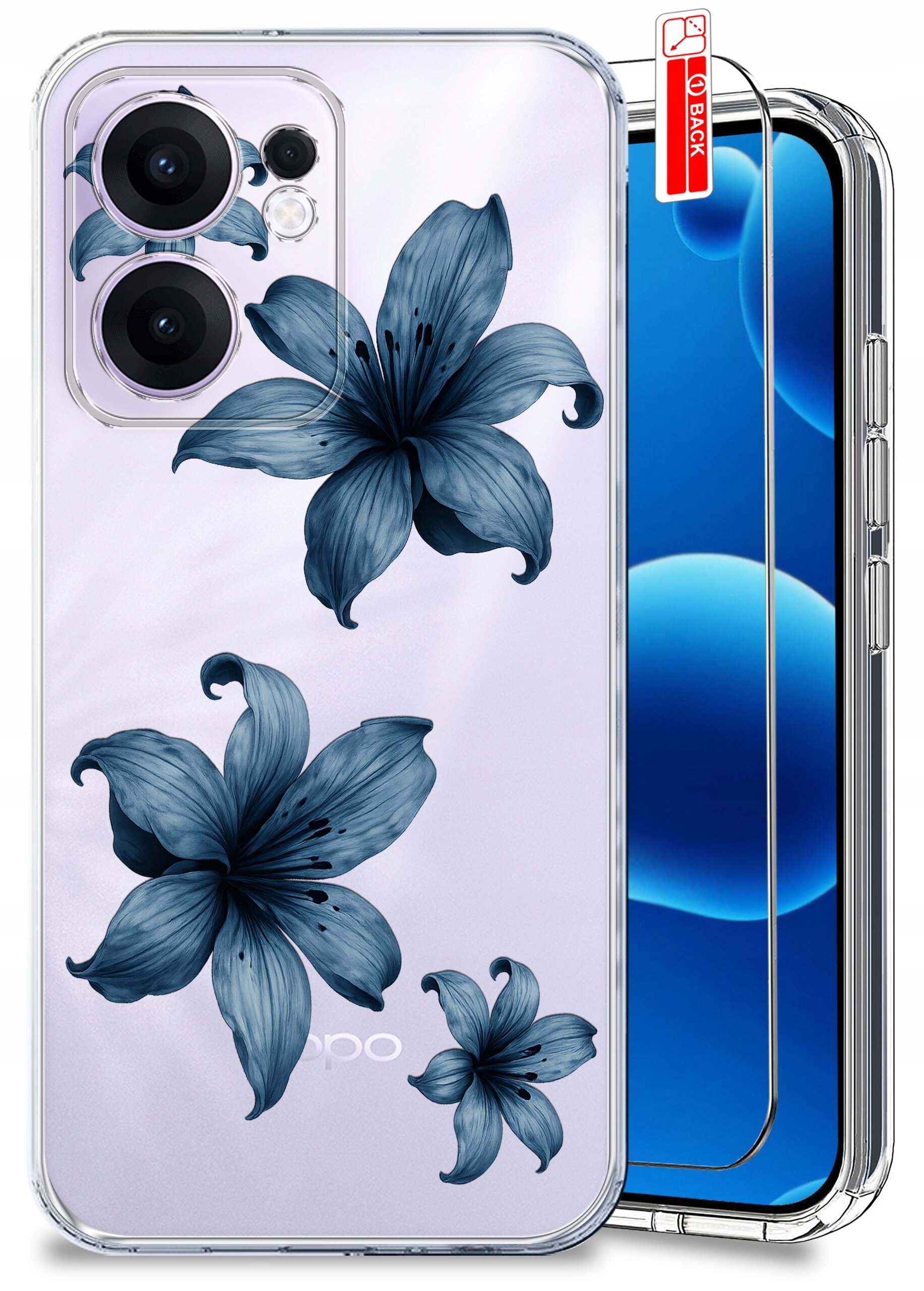 Etui na telefon z przezroczystego materiału ozdobione niebieskimi kwiatami. Obok znajduje się szkło ochronne z etykietą \'BACK\'.