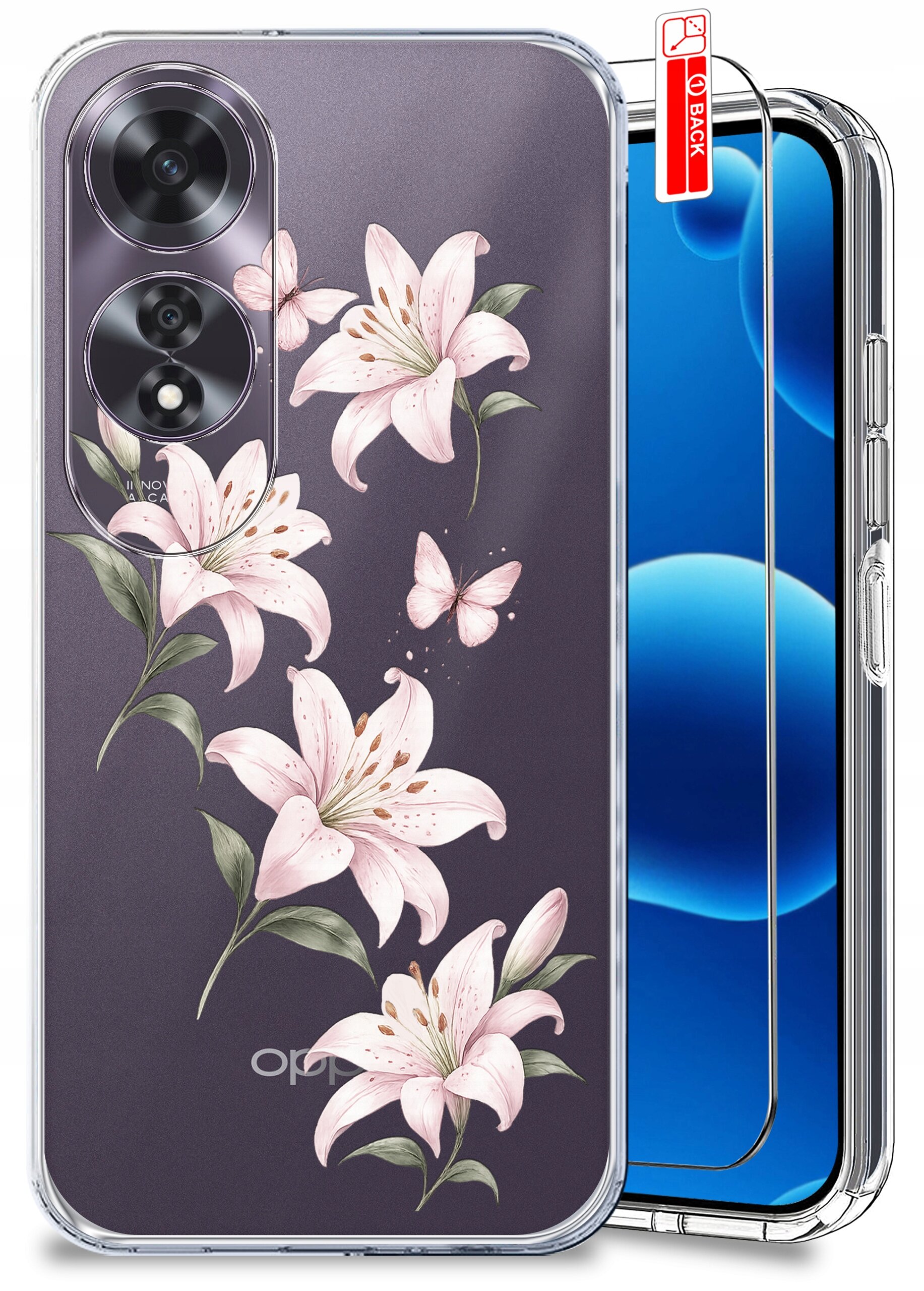 Etui na telefon z motywem wiosennych kwiatów i motyla, z przezroczystym szkłem ochronnym. Widoczne logo \'oppo\'.