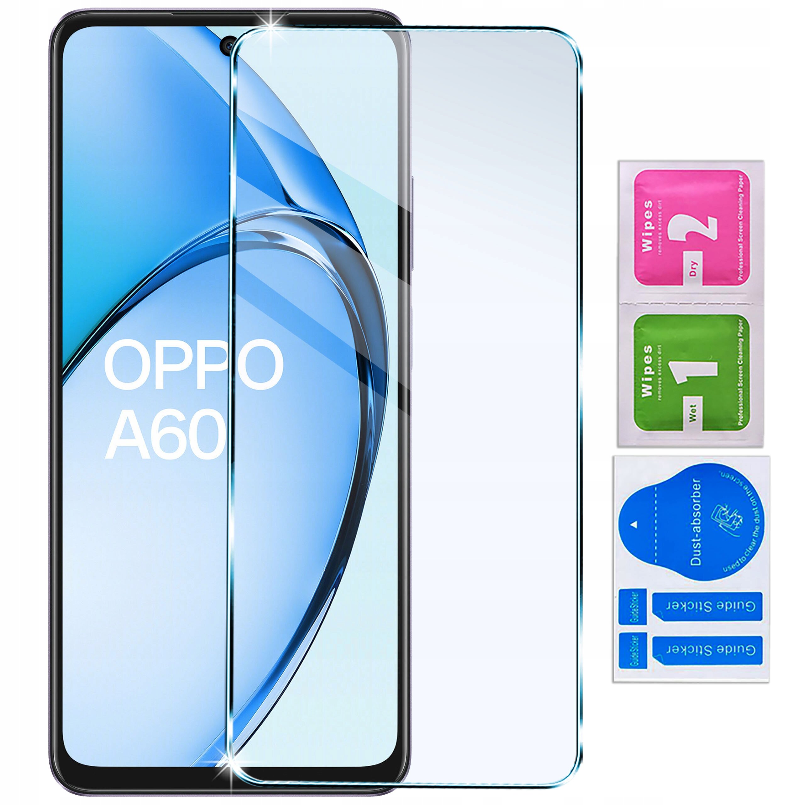 Na zdjęciu widoczny jest telefon z napisem \'OPPO A60\' oraz przezroczyste etui i szkło ochronne. Obok znajdują się kolorowe ściereczki do czyszczenia i naklejki do usuwania kurzu.