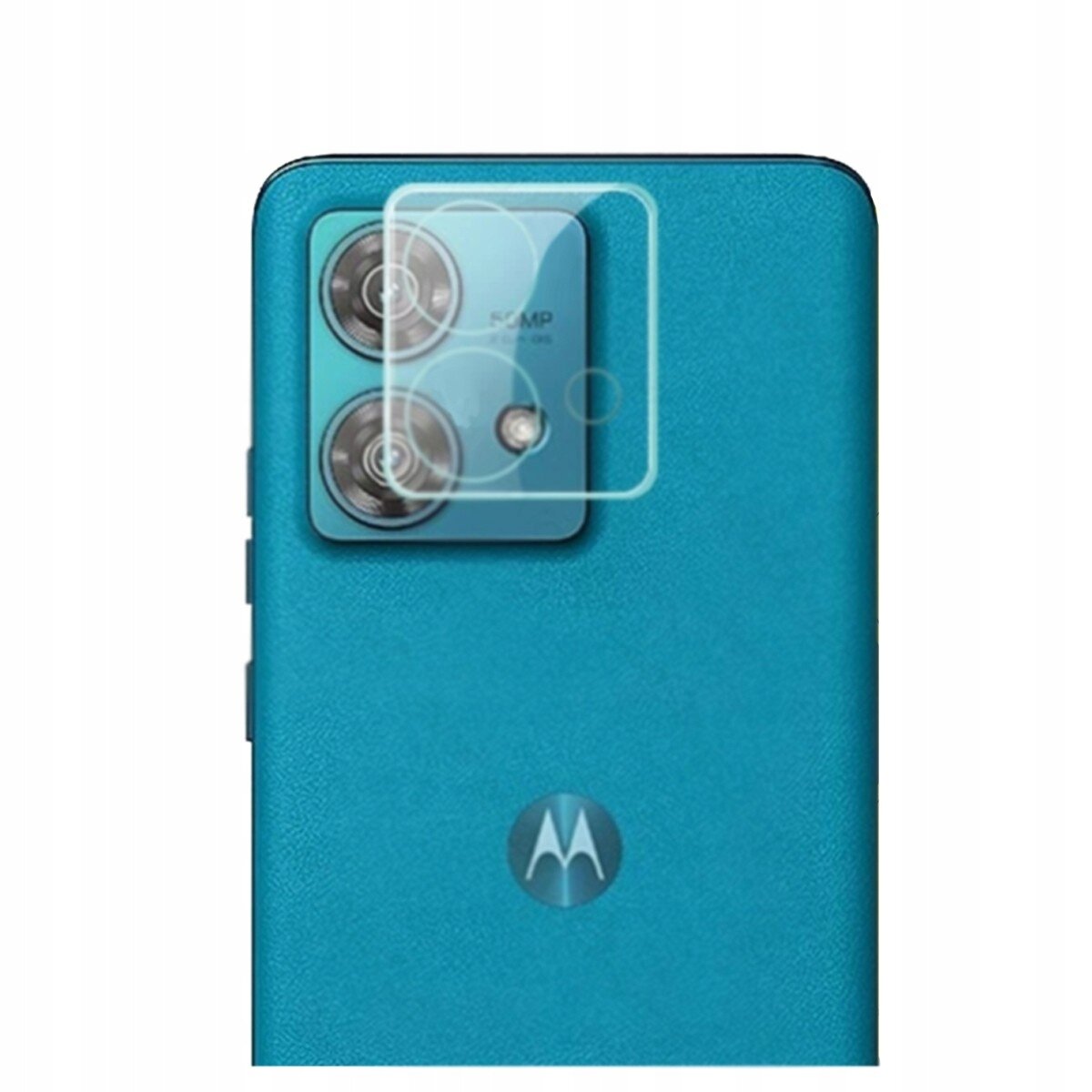 Na obrazie widoczny jest tył niebieskiego smartfona z dwoma obiektywami aparatu i logo Motorola. Na aparacie znajduje się przezroczyste szkło ochronne.