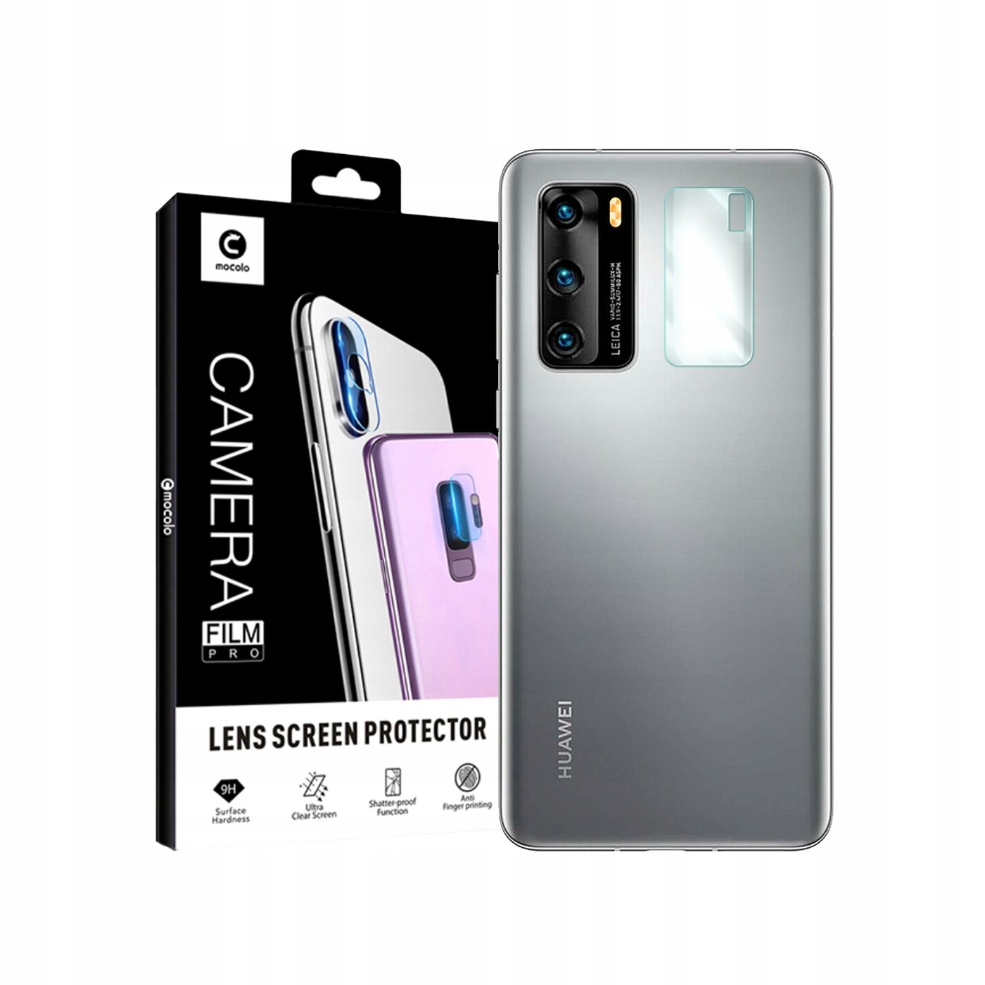Na obrazie widoczny jest telefon Huawei z nałożonym szkłem ochronnym na aparat oraz opakowanie produktu z napisem \'CAMERA FILM PRO LENS SCREEN PROTECTOR\'.