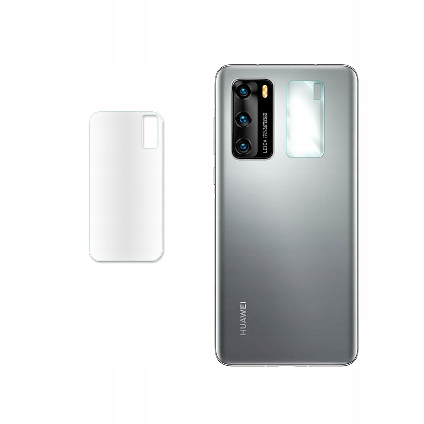 Obraz przedstawia tył telefonu HUAWEI z trzema obiektywami aparatu oraz przezroczystą osłoną na aparat. Obok telefonu widoczna jest przezroczysta szybka ochronna w kształcie prostokąta.