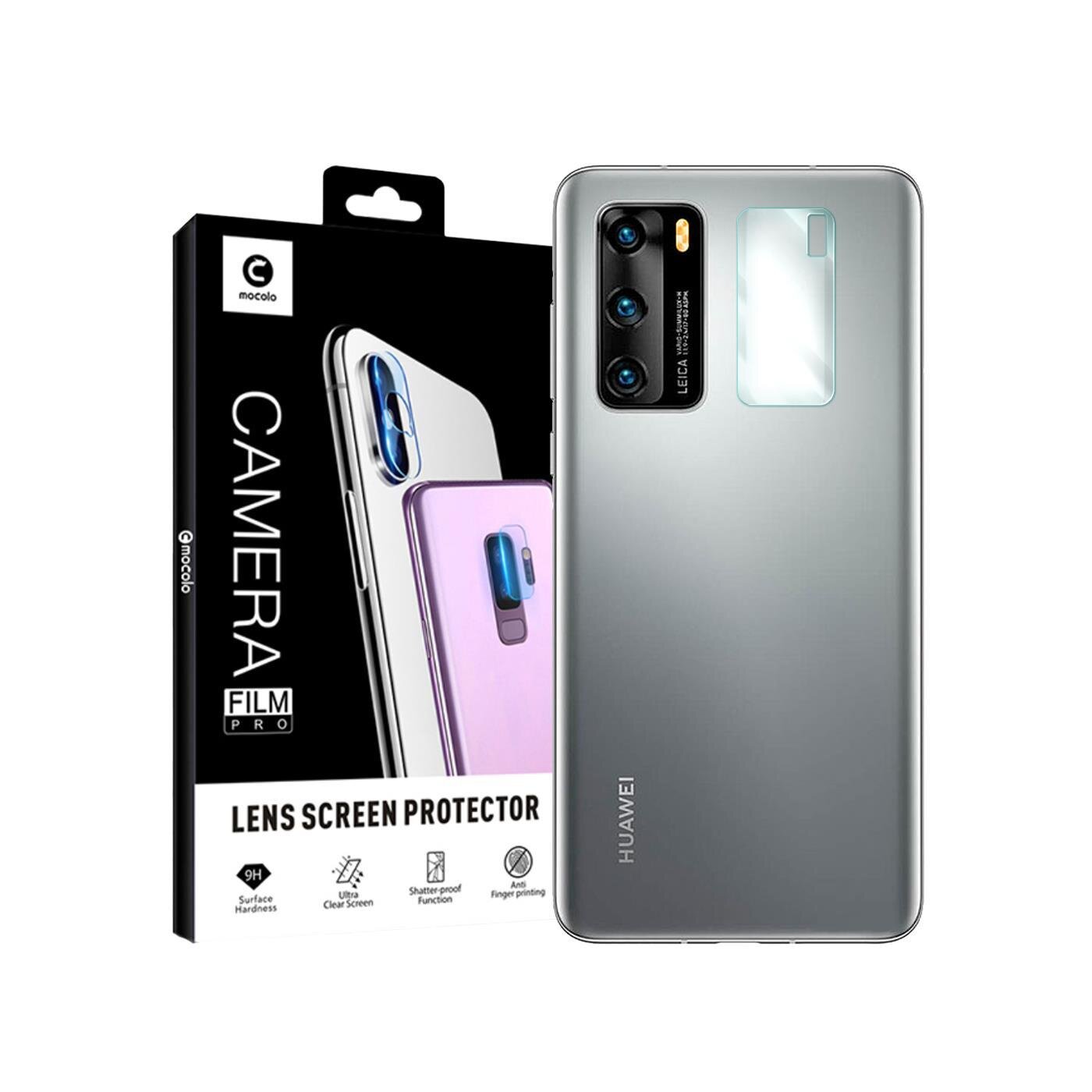 Na obrazie widoczny jest telefon Huawei z nałożonym szkłem ochronnym na aparat oraz opakowanie produktu z napisem \'CAMERA FILM PRO LENS SCREEN PROTECTOR\'. Opakowanie zawiera ikony symbolizujące cechy produktu, takie jak twardość powierzchni 9H i funkcję antyodciskową.
