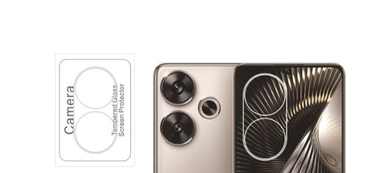 Obraz przedstawia telefon z trzema obiektywami aparatu oraz szkło ochronne na aparat z napisem \'Camera Tempered Glass Screen Protector\'.