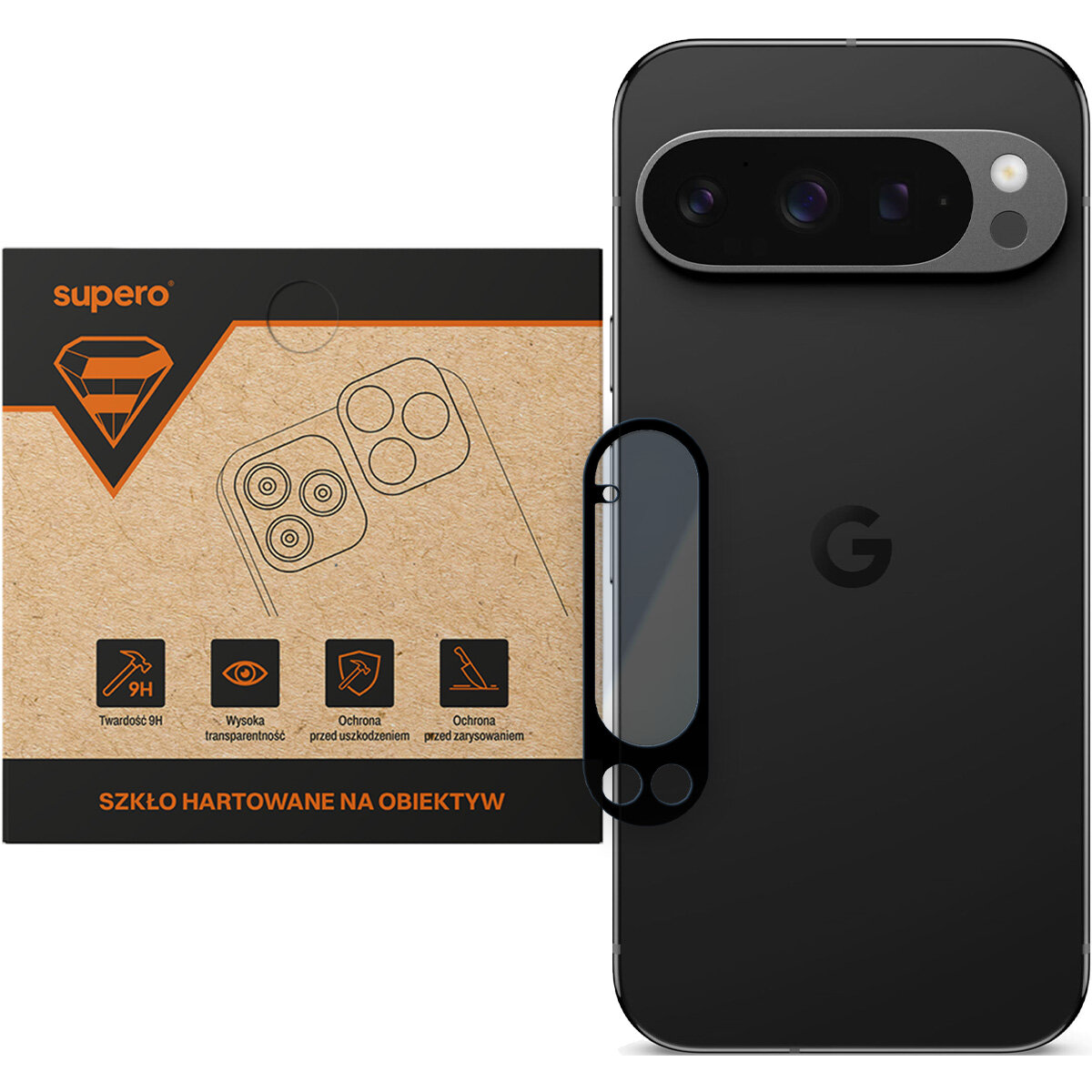 Na obrazie widoczny jest telefon z trzema obiektywami aparatu oraz opakowanie produktu z napisem \'supero\' i \'SZKŁO HARTOWANE NA OBIEKTYW\'. Opakowanie zawiera ikony symbolizujące twardość 9H, wysoką transparentność oraz ochronę przed uszkodzeniem i zarysowaniem.