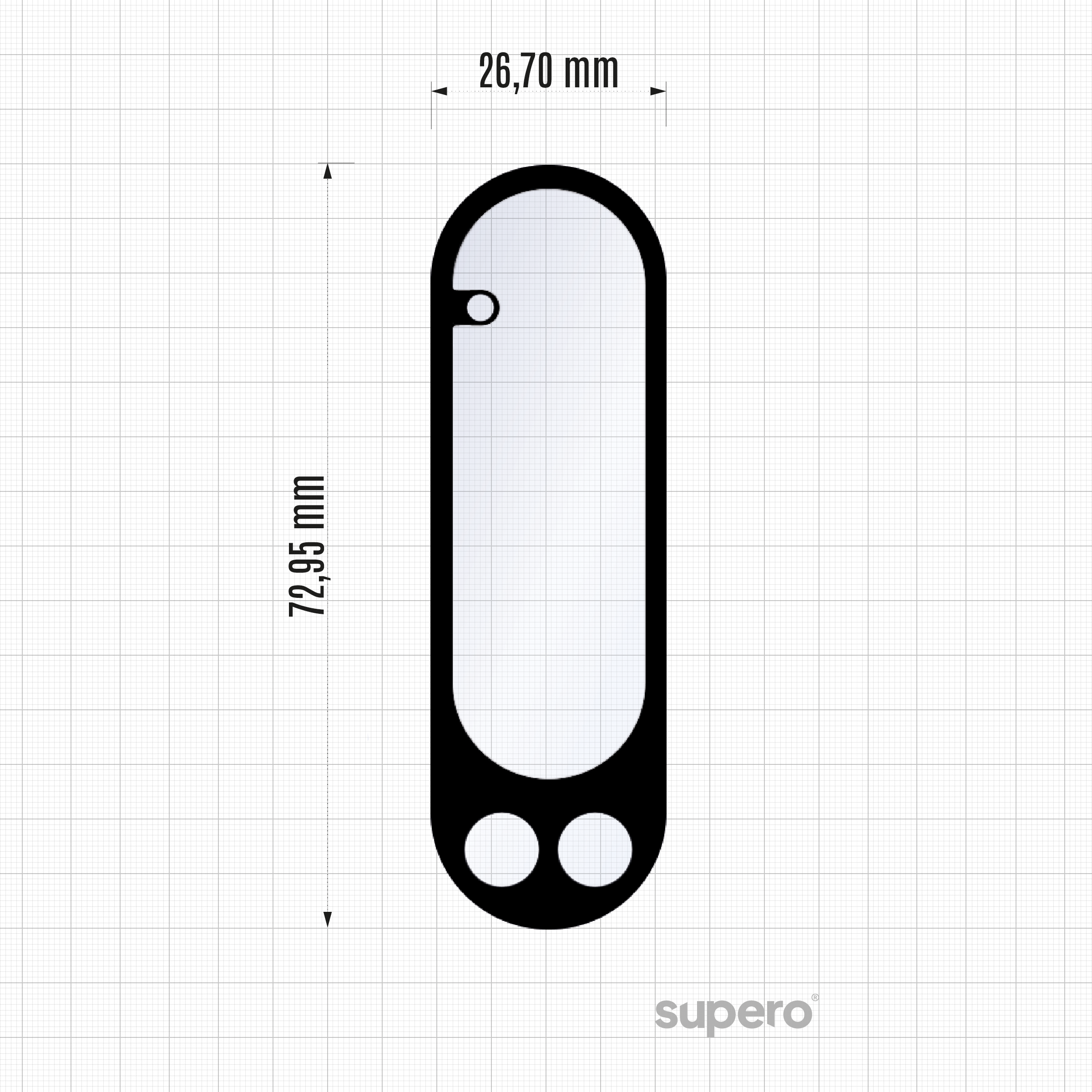 Obraz przedstawia szkło ochronne na aparat z wymiarami 26,31 mm na 68,37 mm. W prawym dolnym rogu widoczne jest logo \'supero\'.