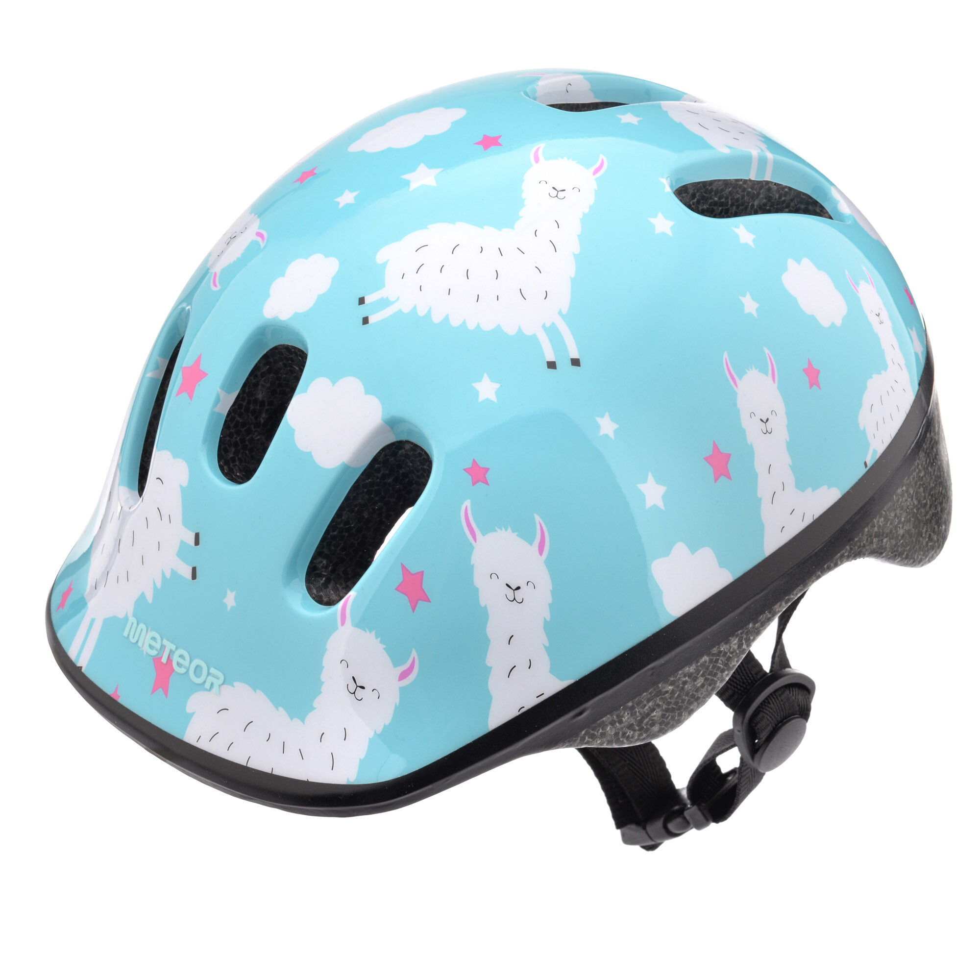 Kask rowerowy w kolorze niebieskim z nadrukiem białych lam i różowych gwiazdek. Widoczne logo \'meteor\' na dolnej części kasku.