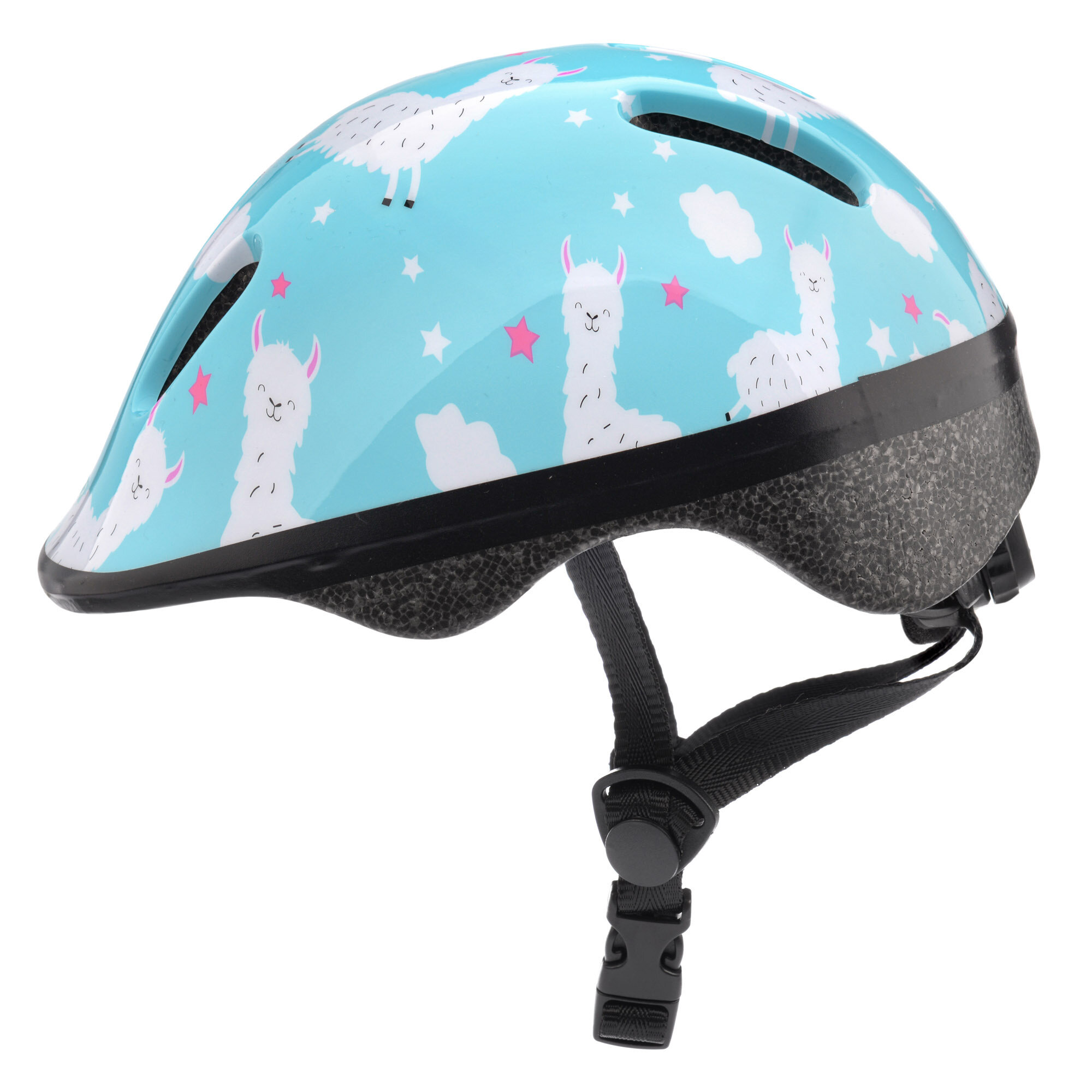 Kask rowerowy w kolorze niebieskim z nadrukiem białych lam i różowych gwiazdek. Posiada czarny pasek z zapięciem pod brodą.